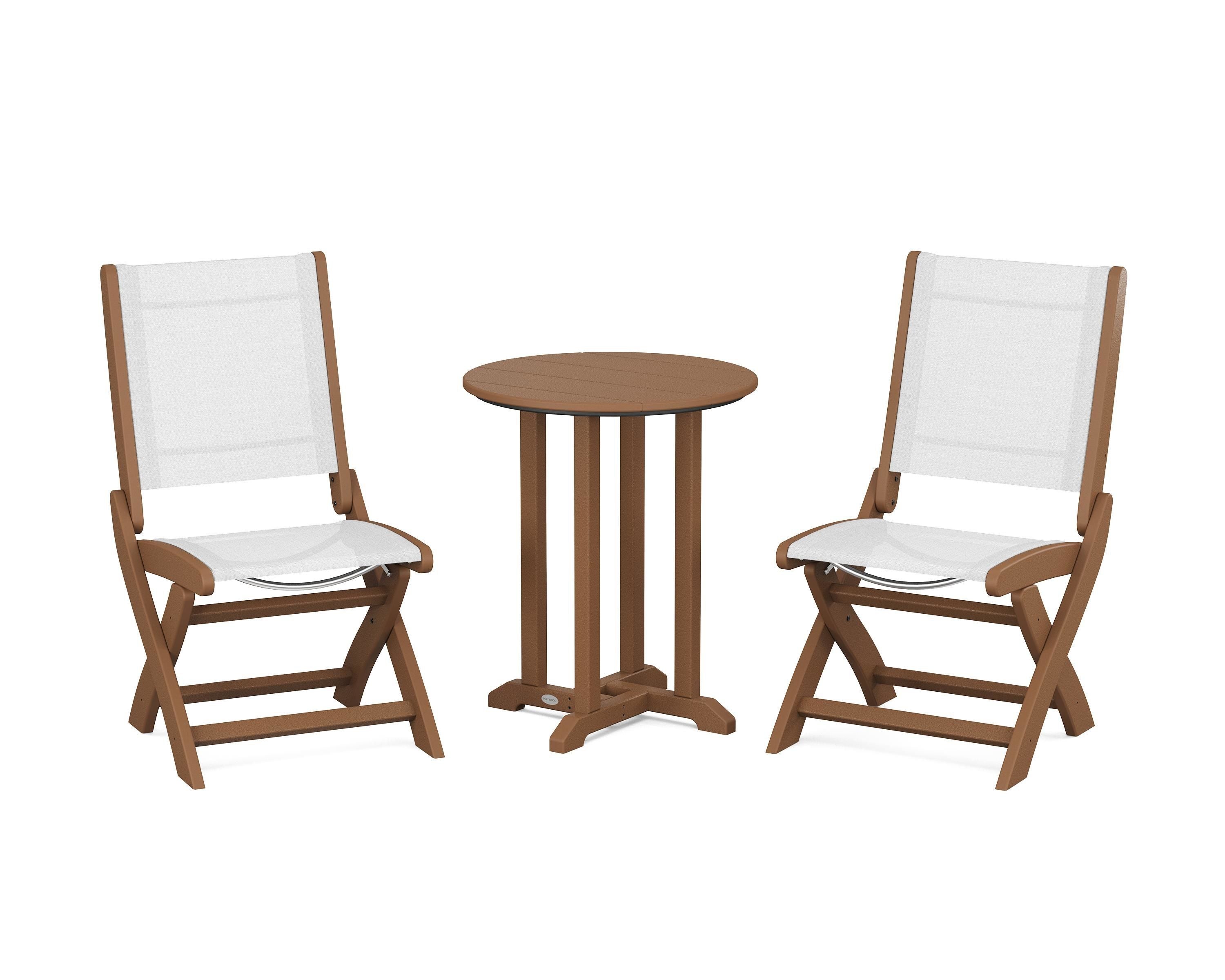 POLYWOOD Coastal Folding Side Chair 3-Piece Round Bistro Dining Set in Teak / White Sling