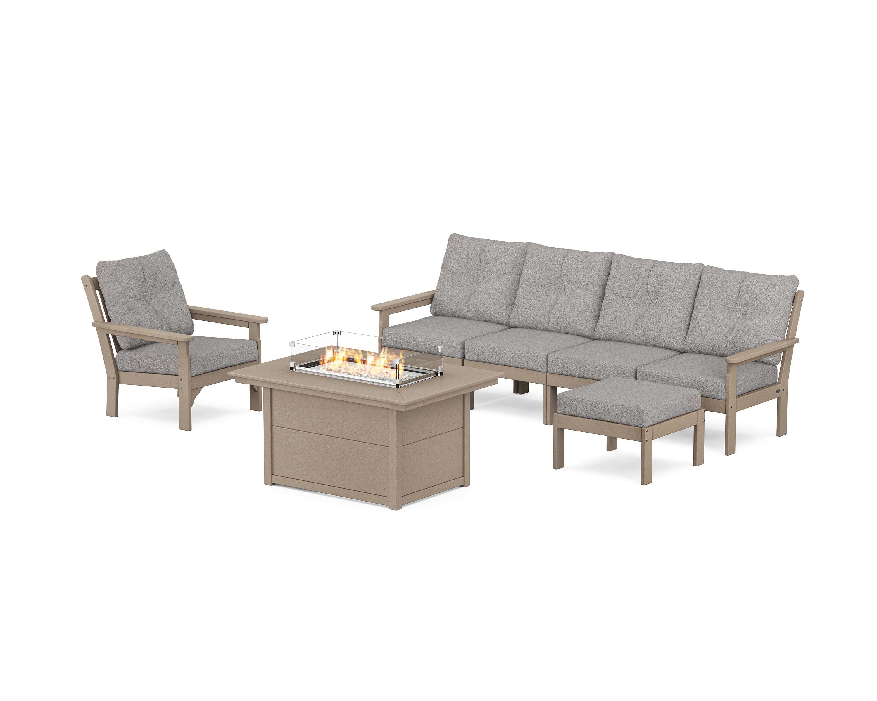 POLYWOOD Vineyard Sectional Lounge and Fire Pit Set in Vintage Sahara / Grey Mist