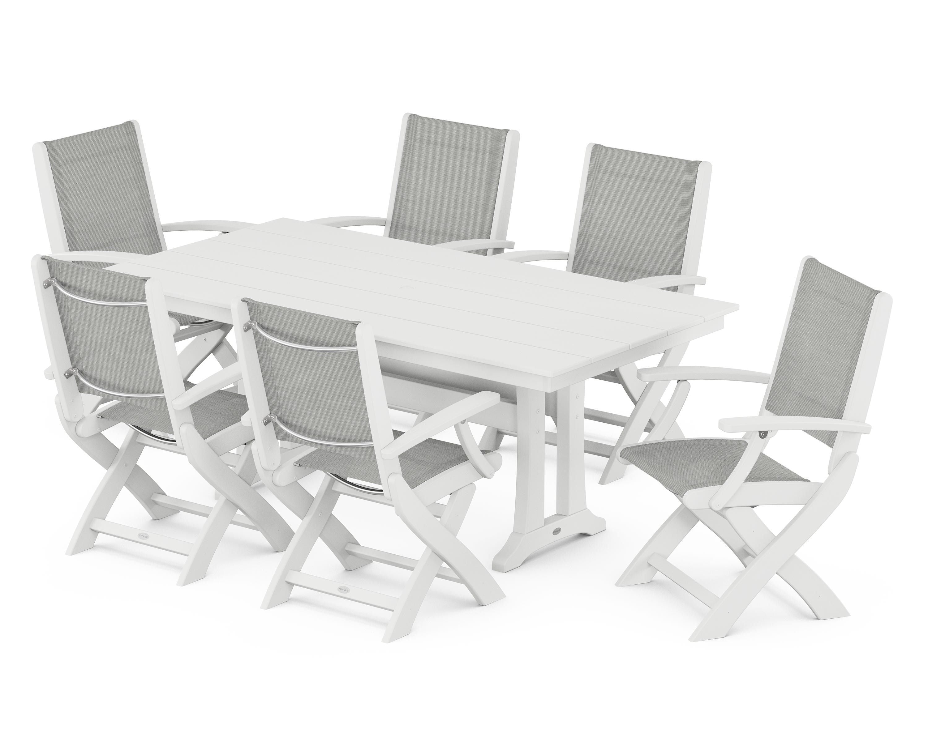 POLYWOOD Coastal Folding Arm Chair 7-Piece Farmhouse Dining Set with Trestle Legs in White / Metallic Sling