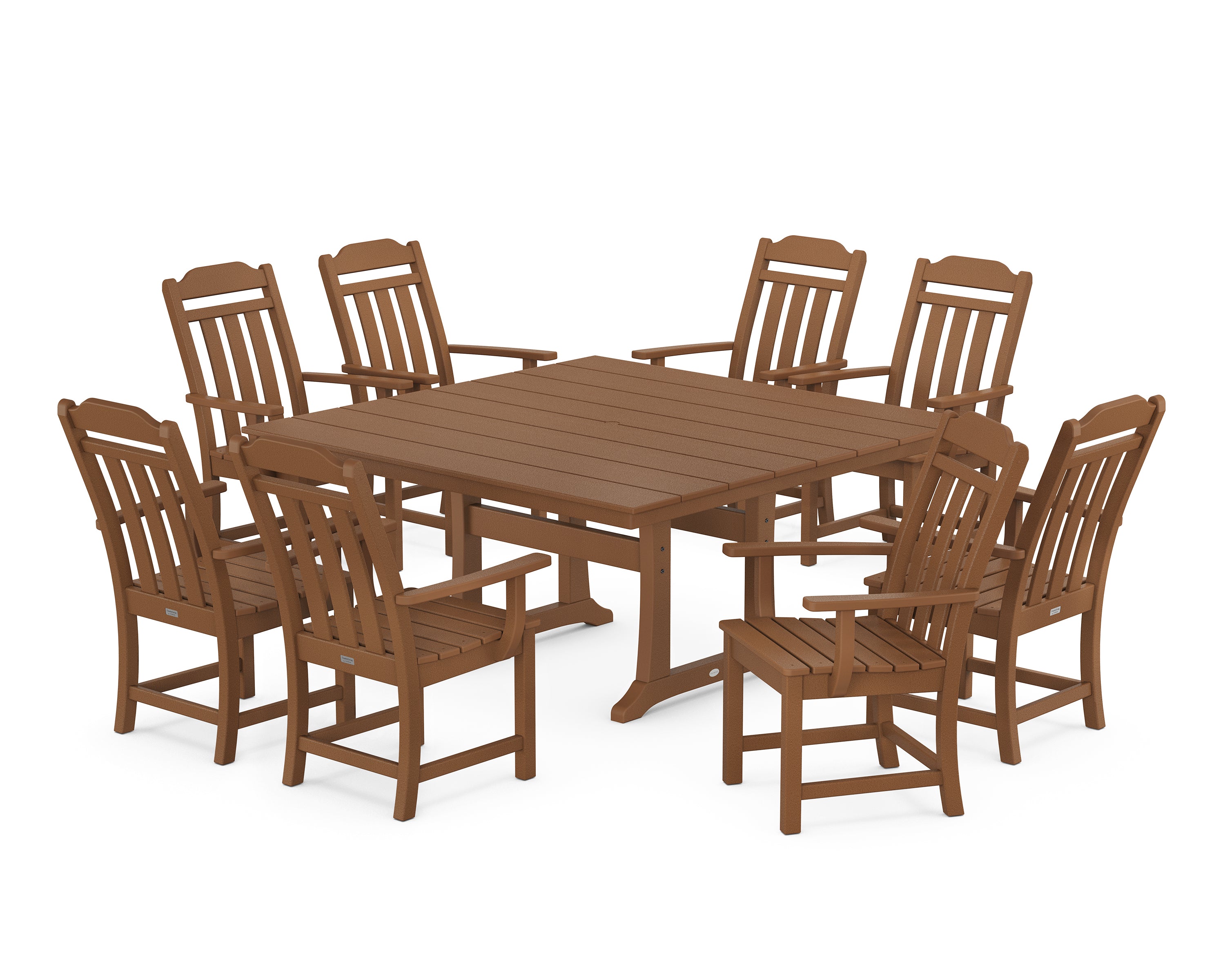 Polywood Country Living 9-Piece Square Farmhouse Dining Set with Trestle Legs in Teak