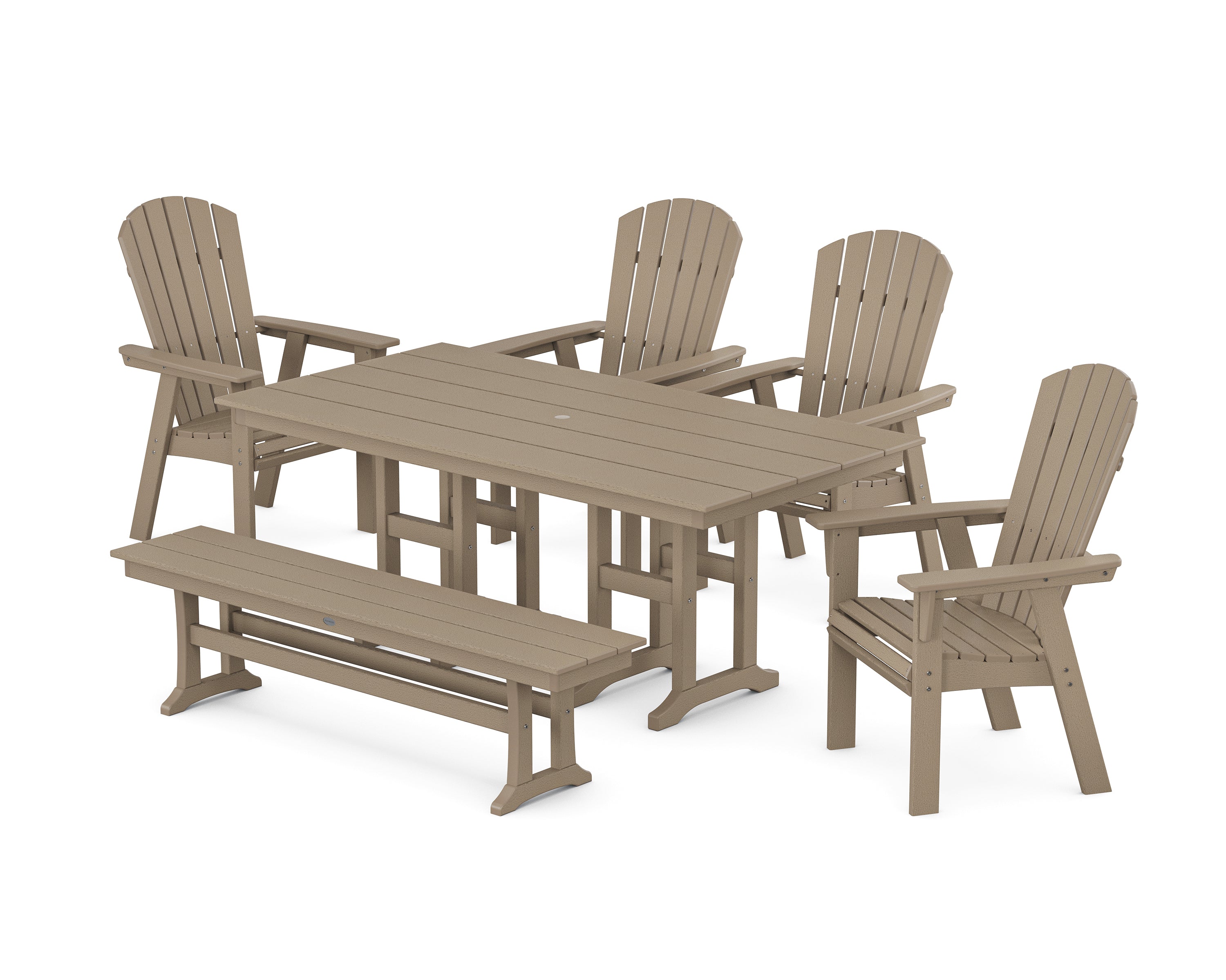 POLYWOOD Nautical Curveback Adirondack 6-Piece Farmhouse Dining Set with Bench in Vintage Sahara