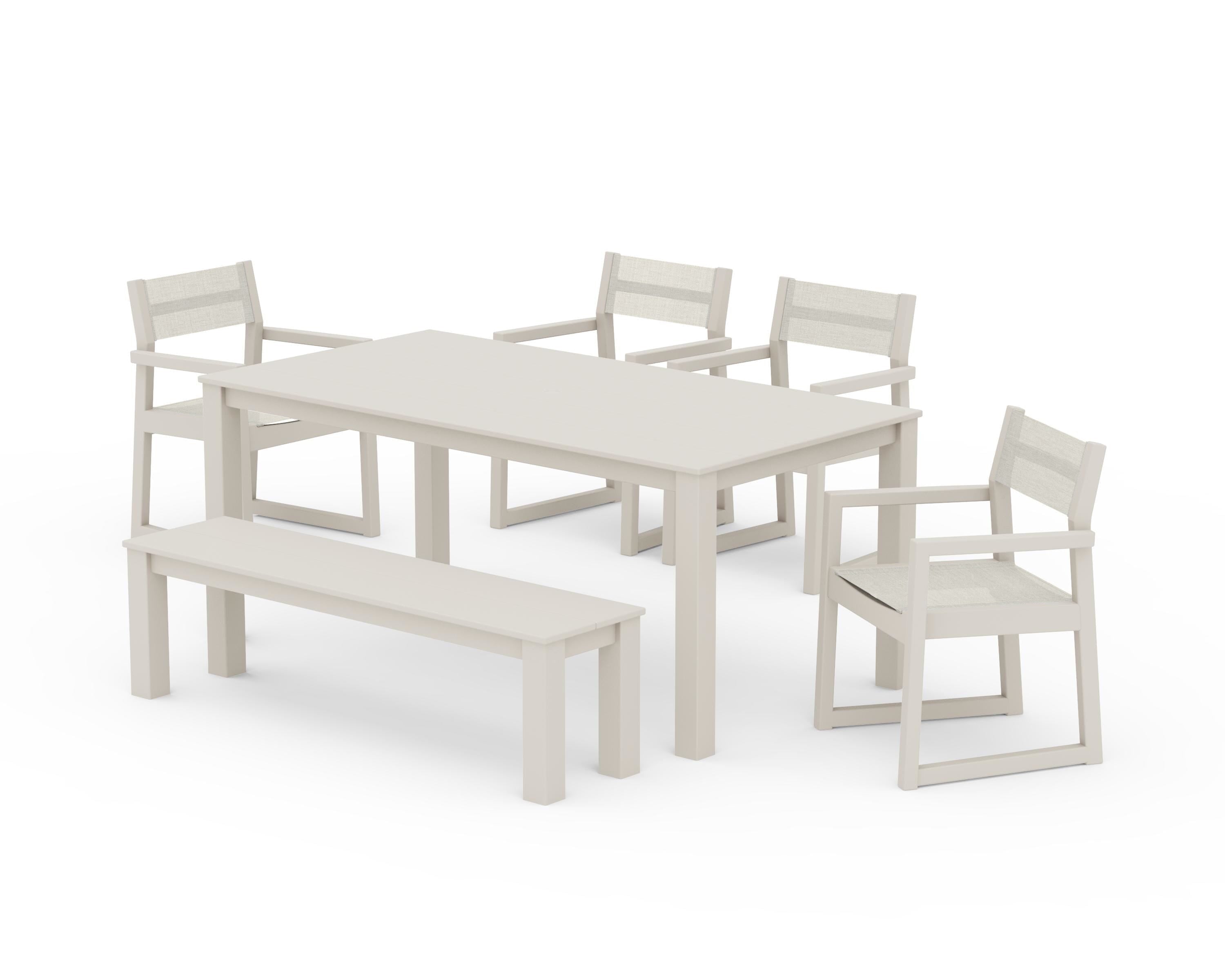 POLYWOOD EDGE Sling Arm Chair 6-Piece Parsons Dining Set with Bench in Sand / Parchment Sling