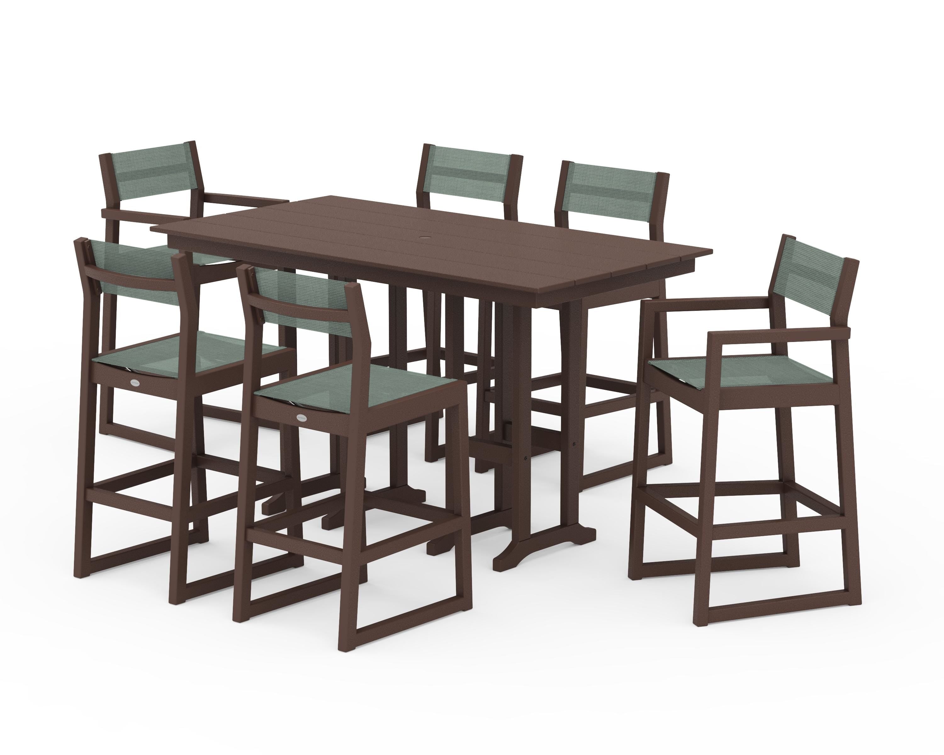POLYWOOD EDGE Sling 7-Piece Farmhouse Bar Set in Mahogany / Dupioni Sea Mist Sling