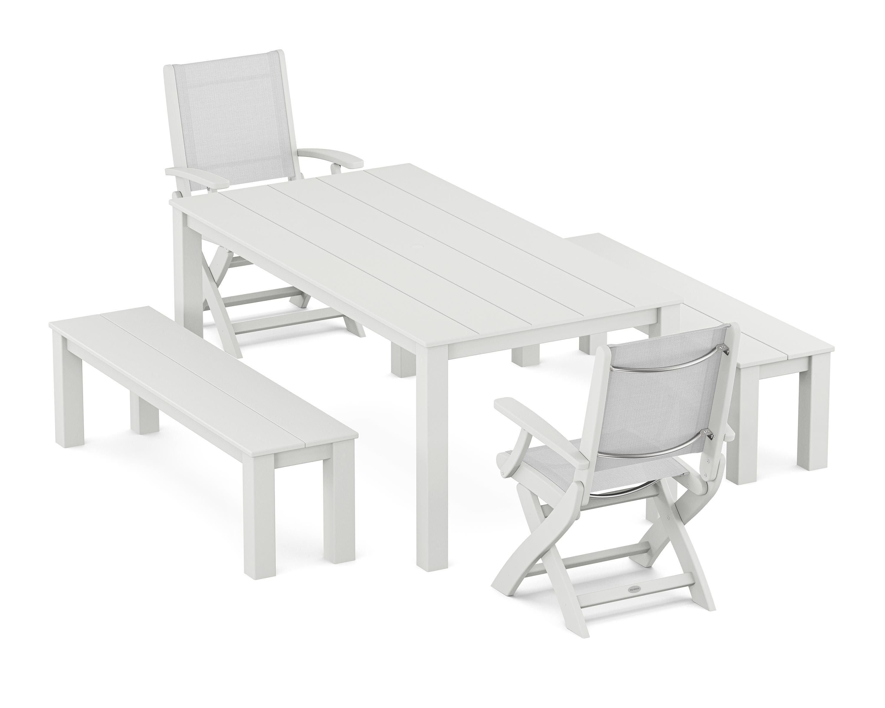 POLYWOOD Coastal Folding Chair 5-Piece Parsons Dining Set with Benches in White / White Sling