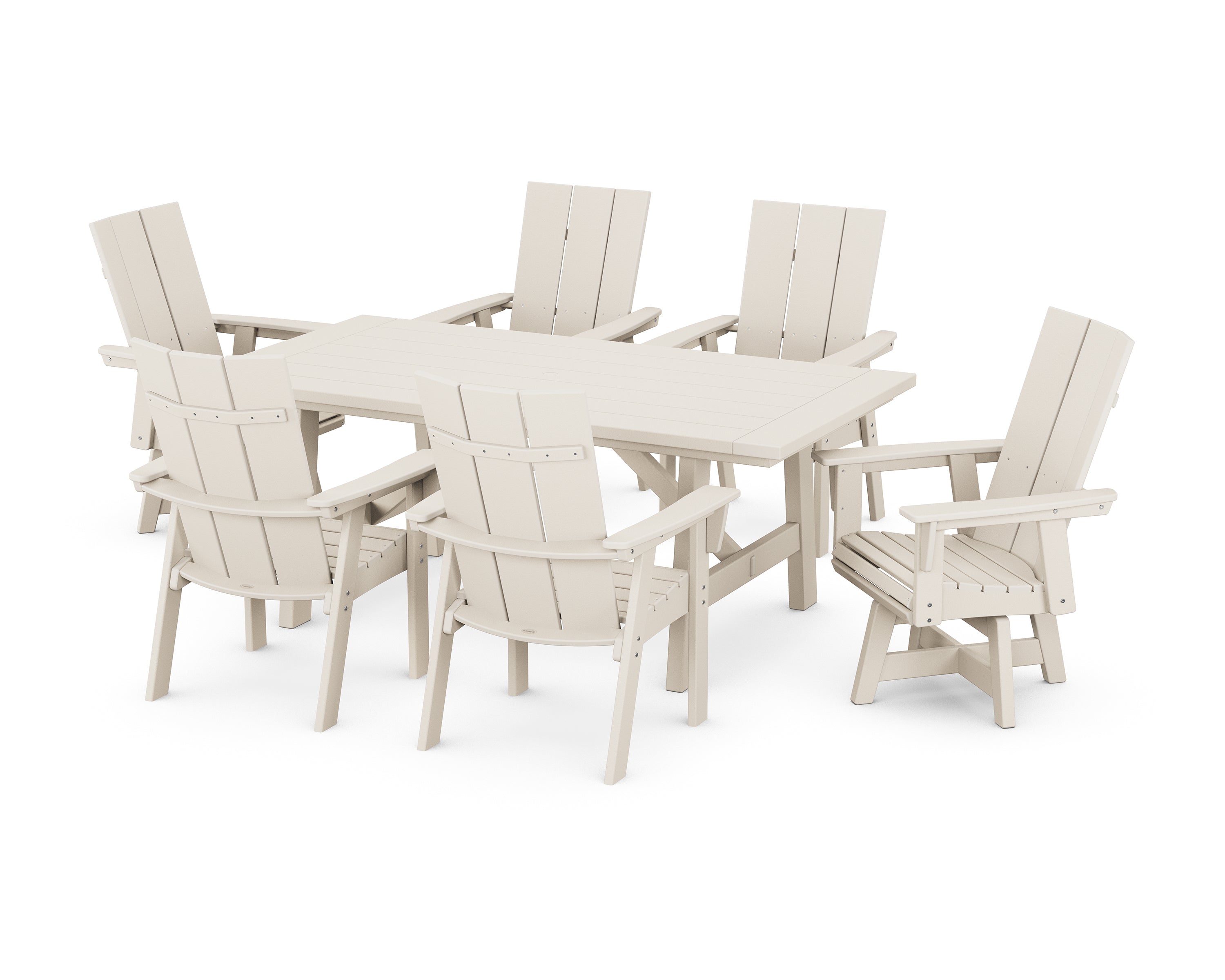 POLYWOOD® Modern Curveback Adirondack 7-Piece Rustic Farmhouse Swivel Dining Set in Sand