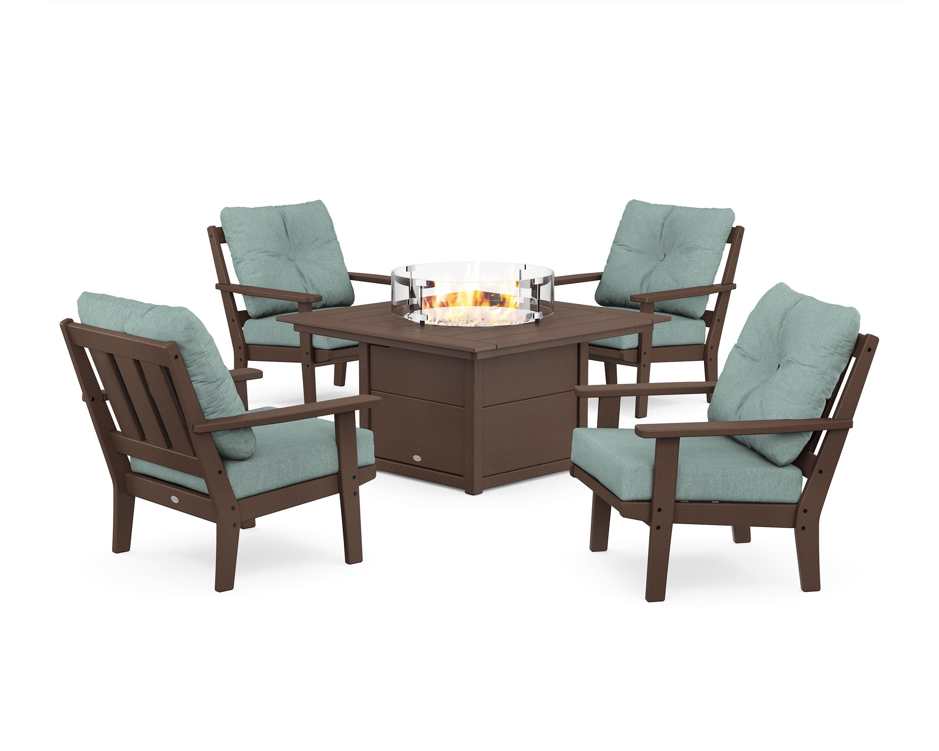 POLYWOOD Oxford 5-Piece Deep Seating Set with Fire Pit Table in Mahogany / Glacier Spa