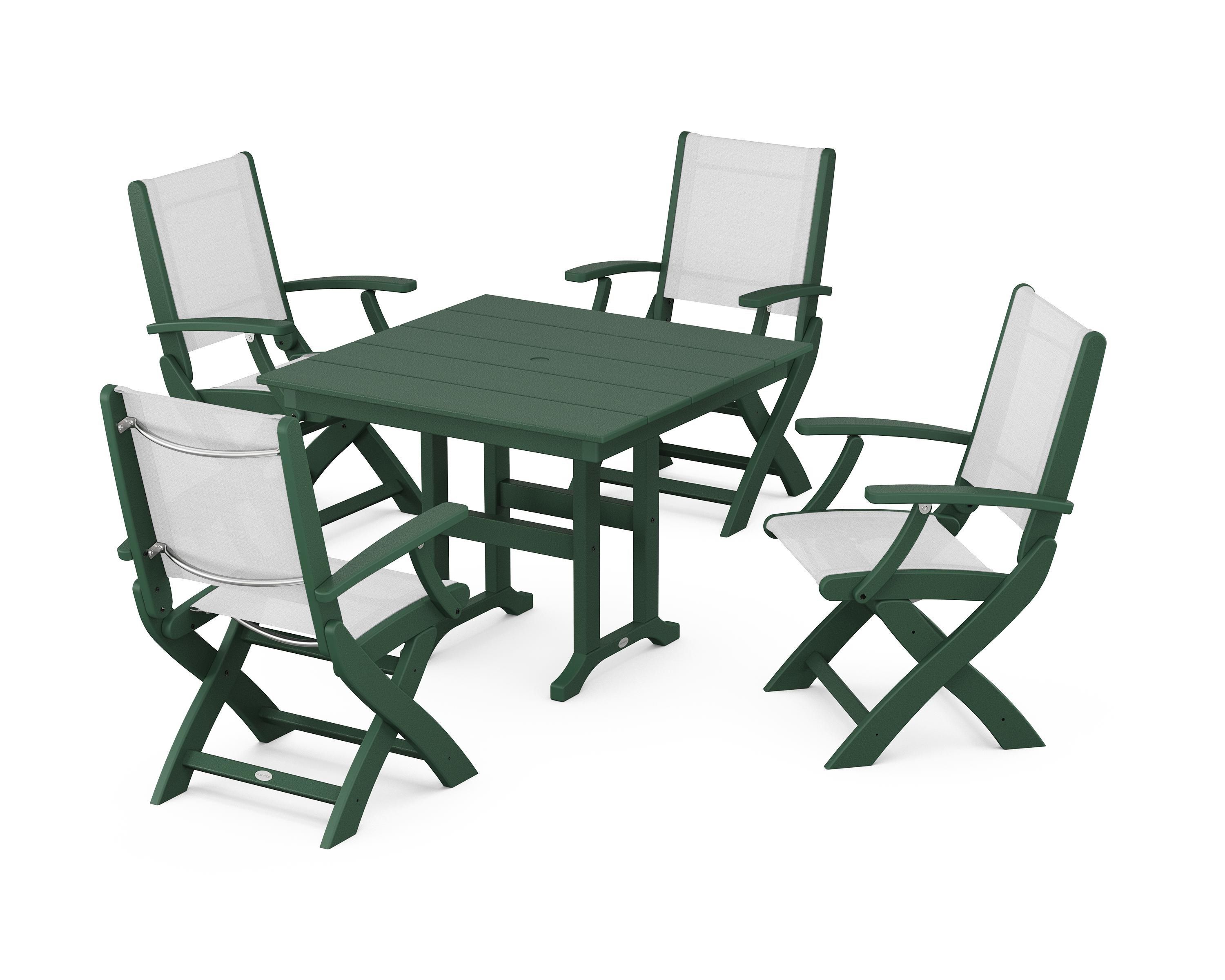 POLYWOOD Coastal Folding Chair 5-Piece Farmhouse Dining Set in Green / White Sling