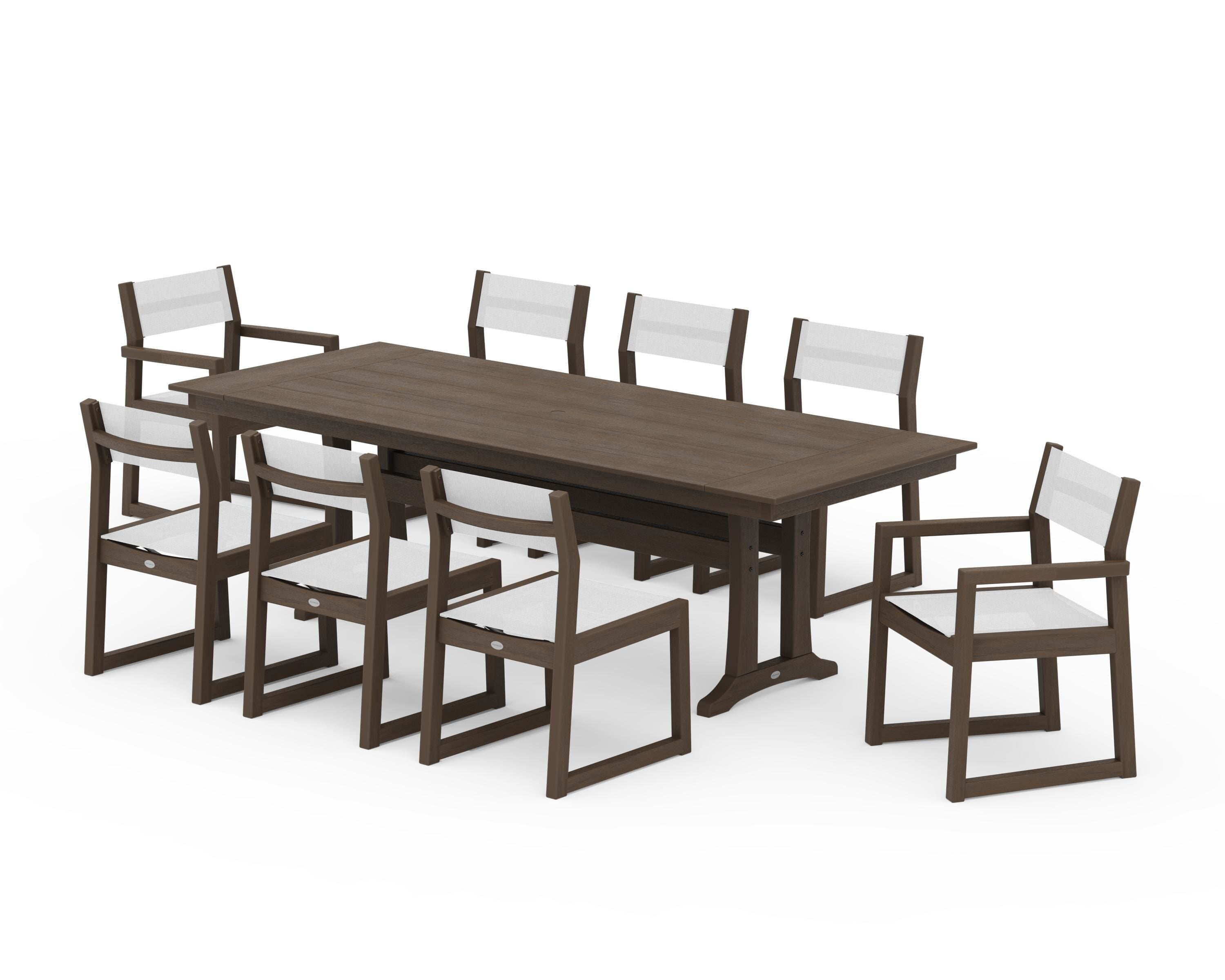 POLYWOOD EDGE Sling 9-Piece Farmhouse Trestle Dining Set in Kona / White Sling