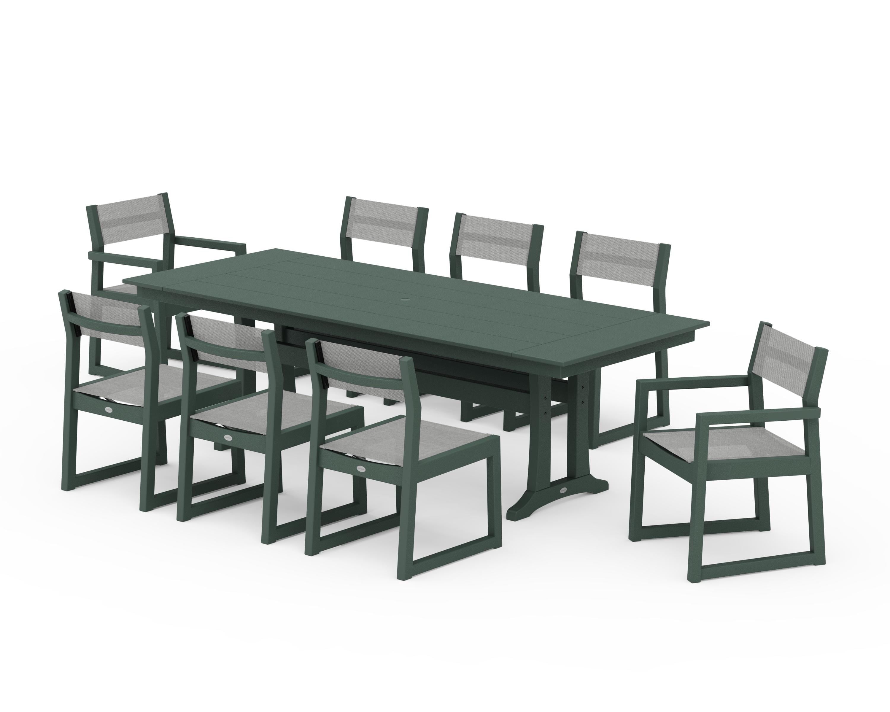 POLYWOOD EDGE Sling 9-Piece Farmhouse Trestle Dining Set in Green / Metallic Sling