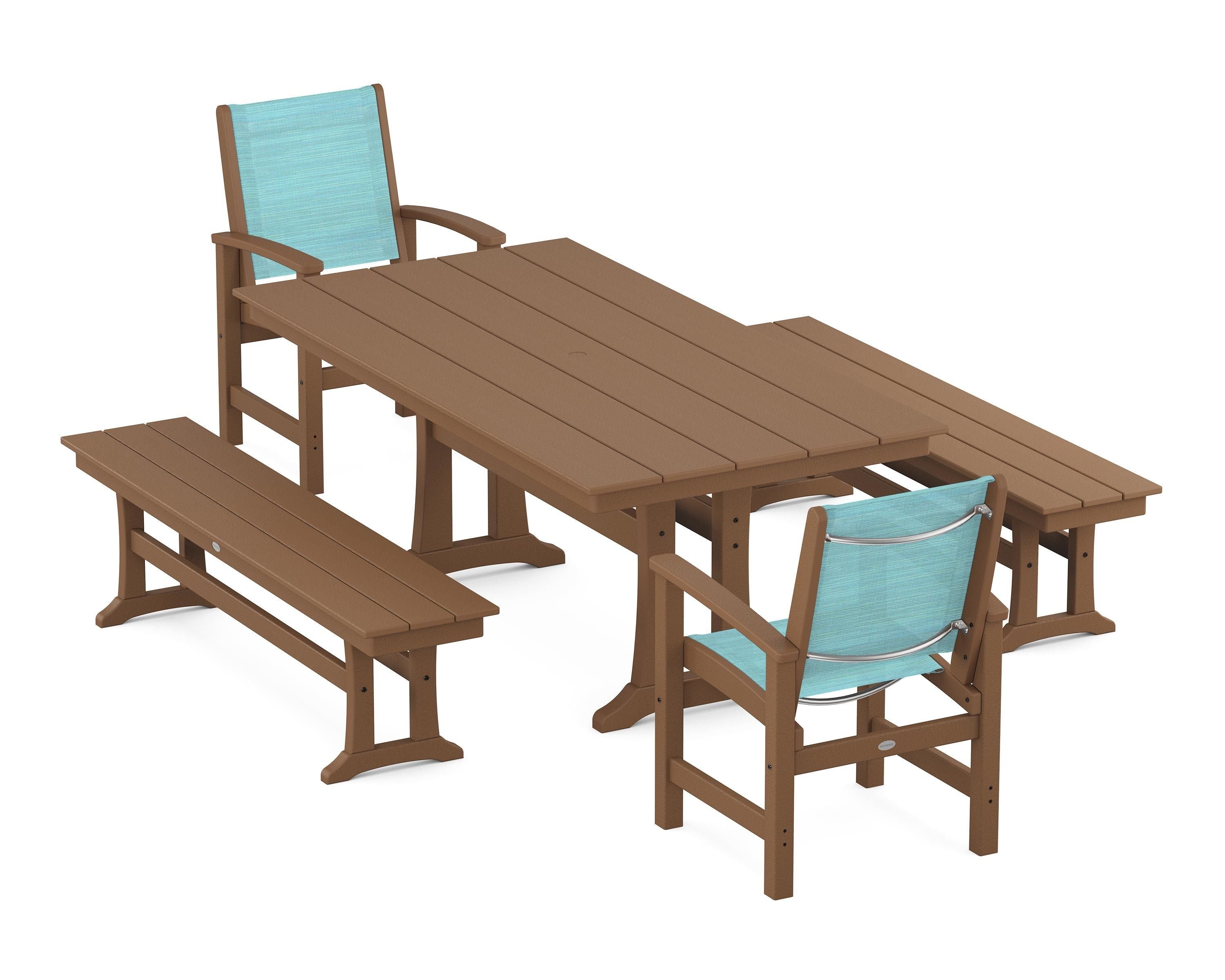 POLYWOOD Coastal 5-Piece Farmhouse Dining Set with Trestle Legs and Benches in Teak / Dupioni Aquamarine Sling