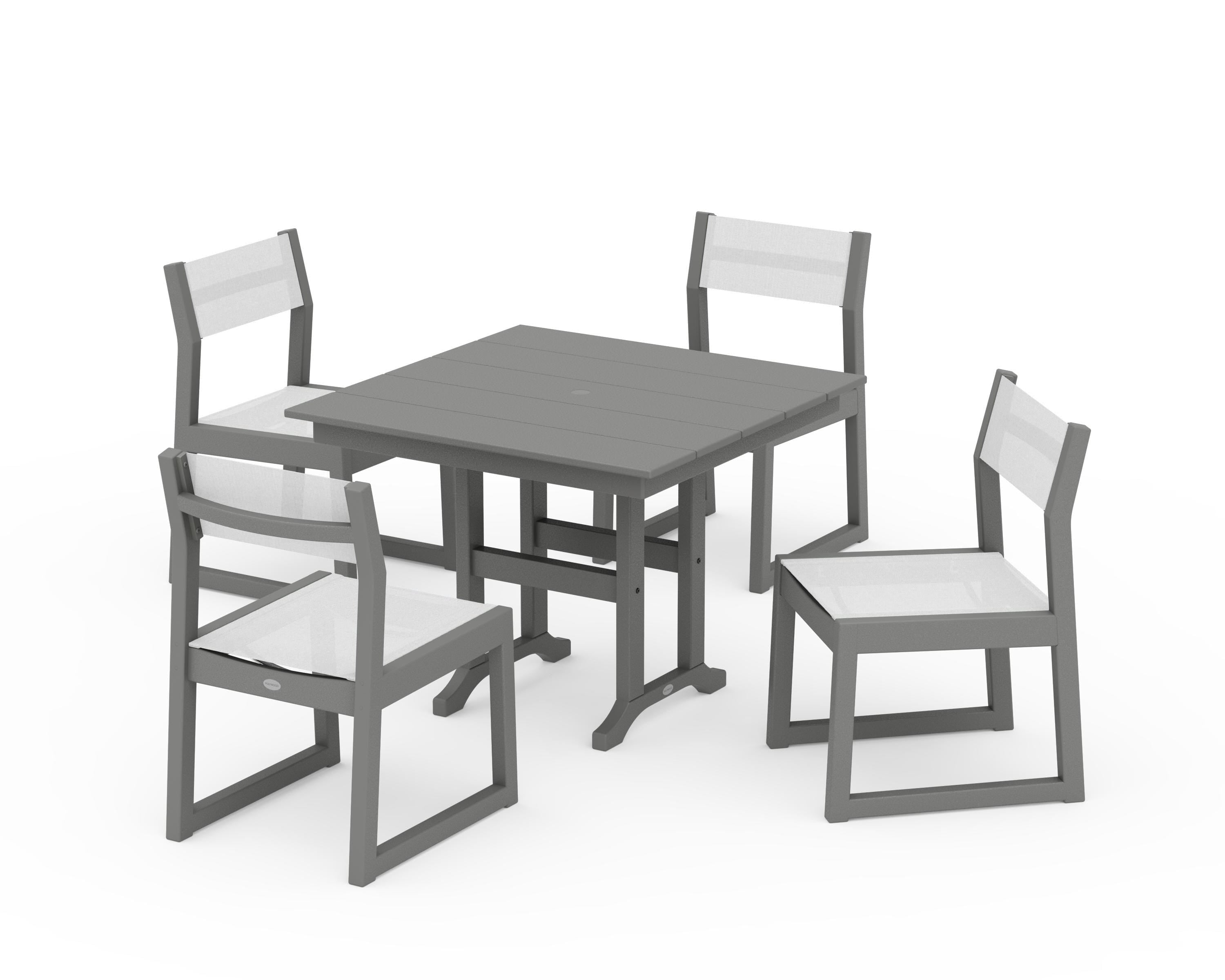 POLYWOOD EDGE Sling Side Chair 5-Piece Farmhouse Dining Set in Slate Grey / White Sling