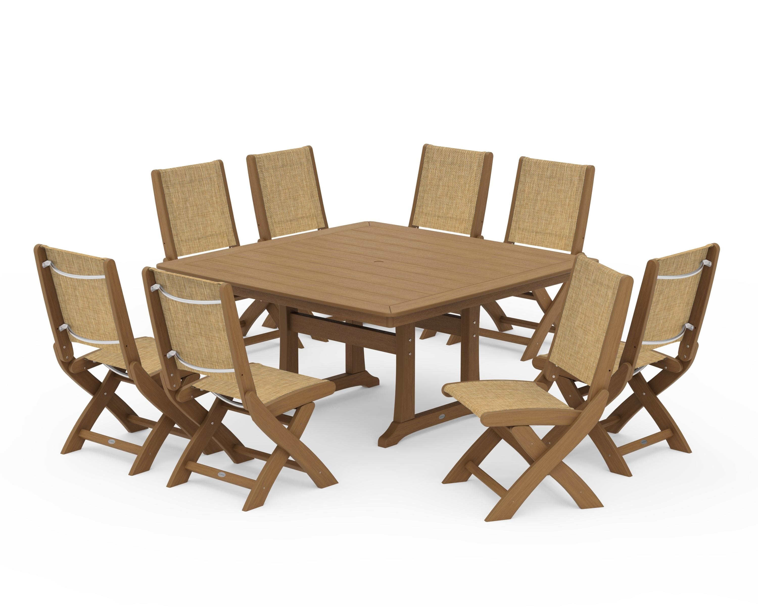 POLYWOOD Coastal Folding Side Chair 9-Piece Dining Set with Trestle Legs in Natural / Burlap Sling