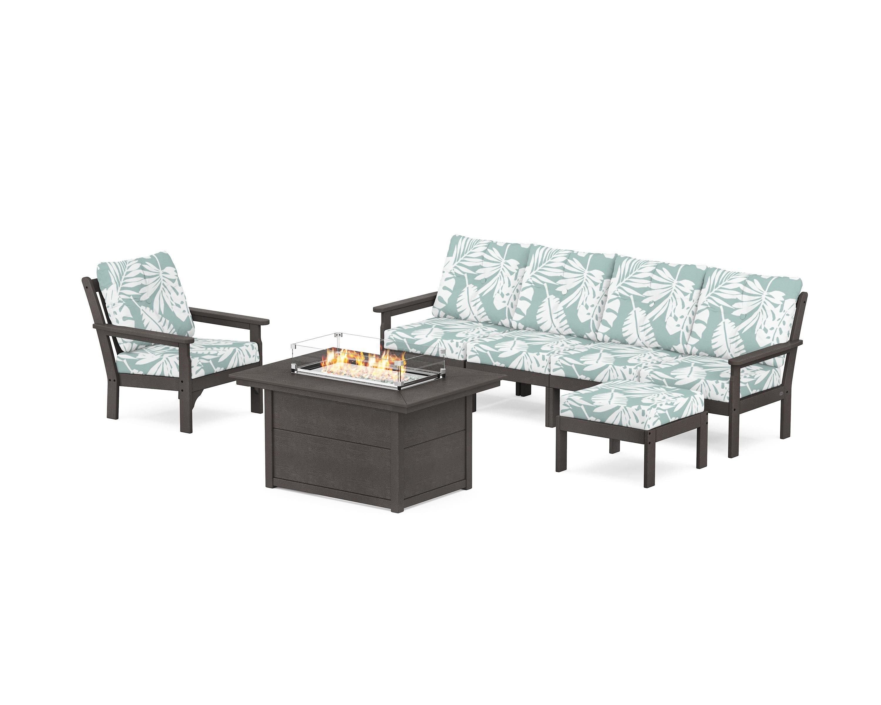 POLYWOOD Vineyard Sectional Lounge and Fire Pit Set in Vintage Coffee / Leaf Glacier Spa