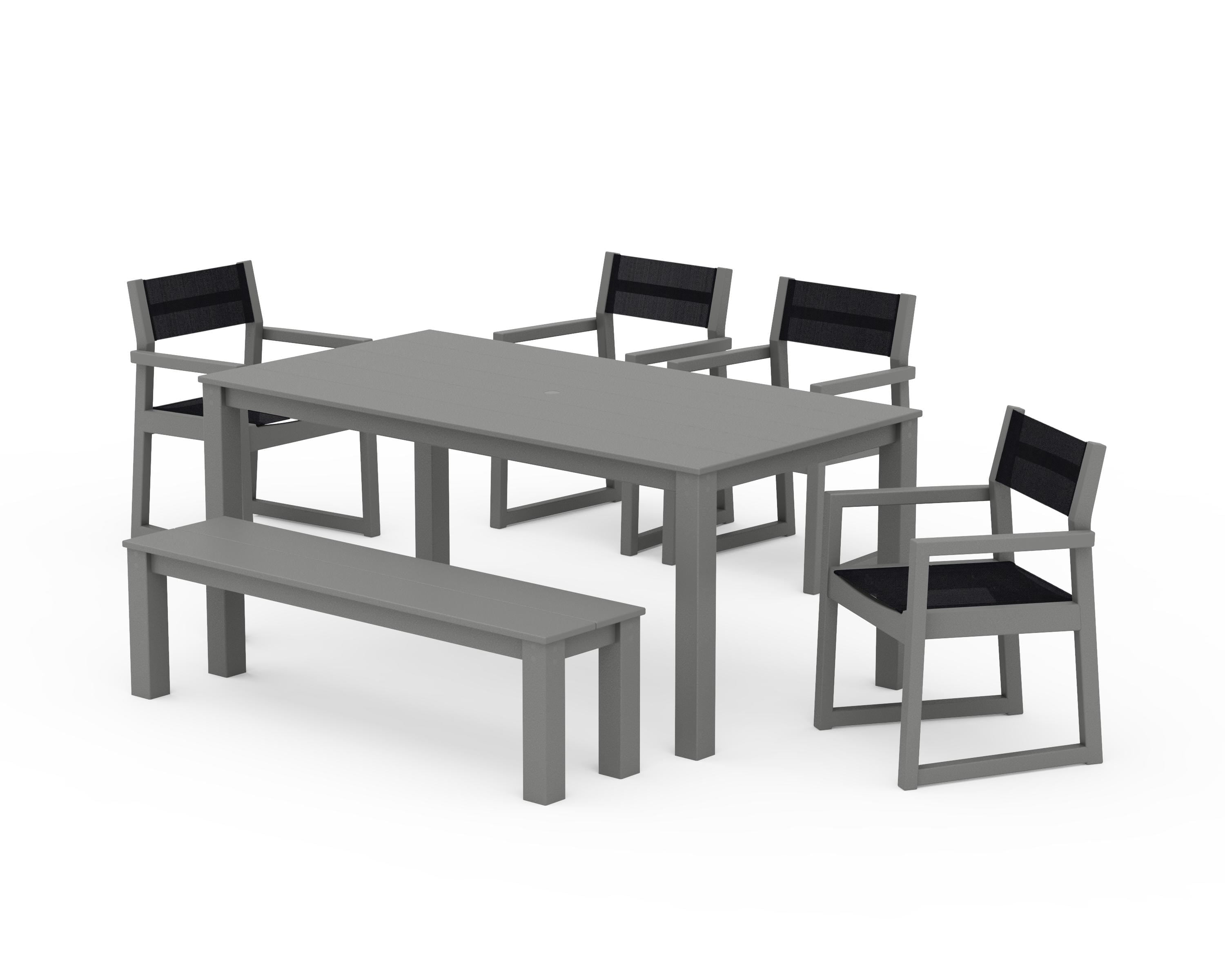 POLYWOOD EDGE Sling Arm Chair 6-Piece Parsons Dining Set with Bench in Slate Grey / Black Sling