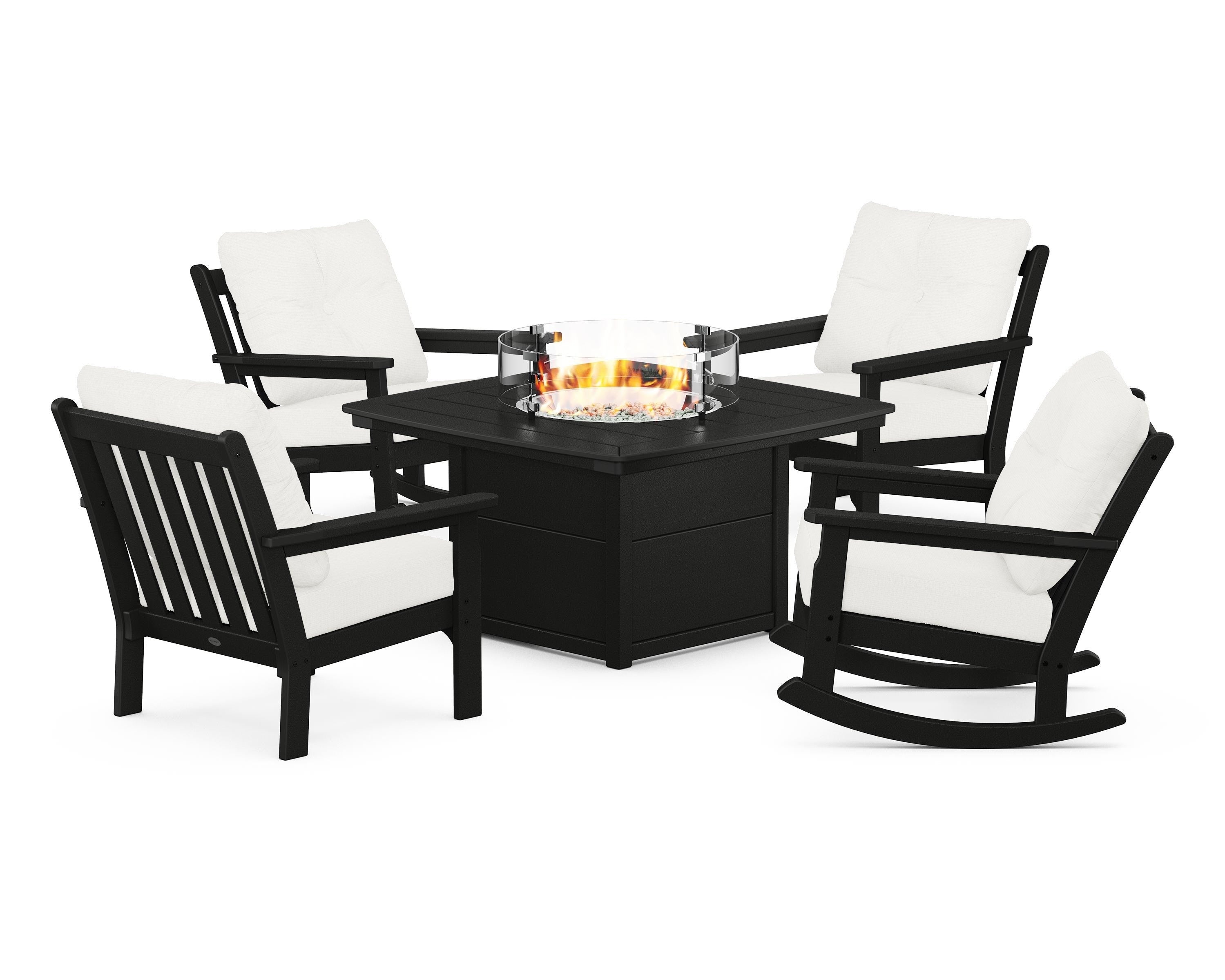 POLYWOOD Vineyard 5-Piece Deep Seating Rocking Chair Conversation Set with Fire Pit Table in Black / Natural Linen