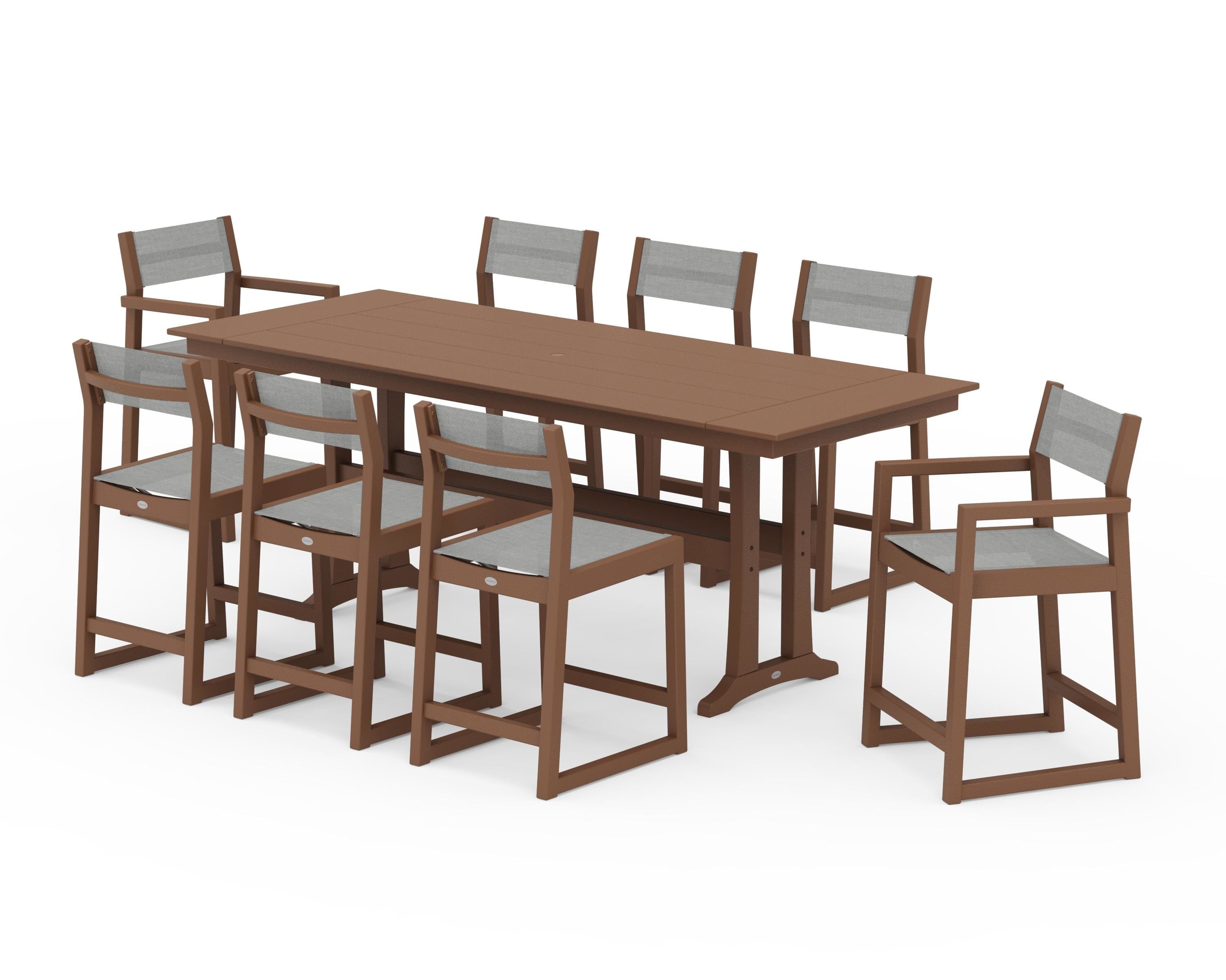 POLYWOOD EDGE Sling 9-Piece Farmhouse Counter Set with Trestle Legs in Teak / Metallic Sling