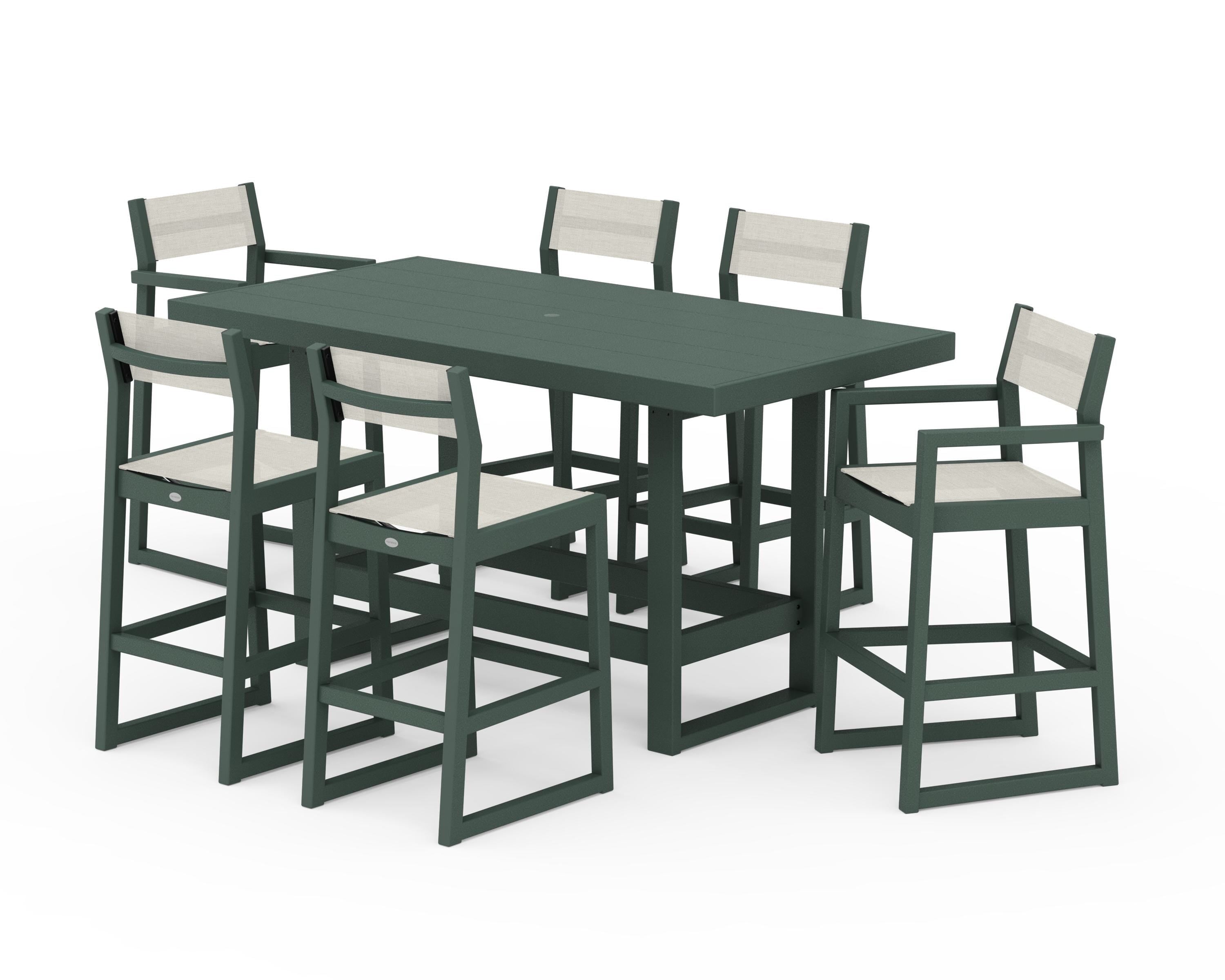 POLYWOOD EDGE Sling 7-Piece Bar Table Set in Green / Parchment Sling