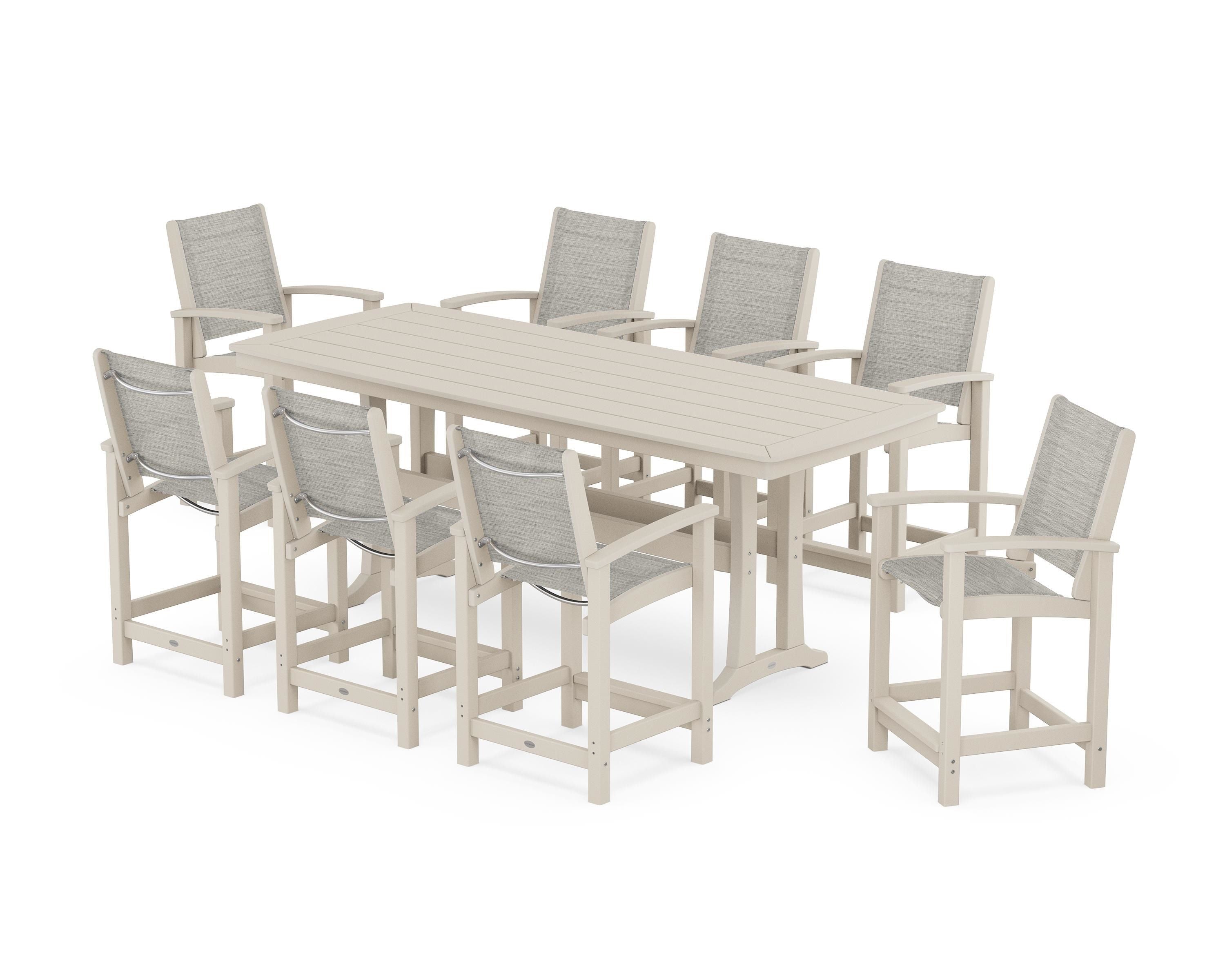 POLYWOOD Coastal 9-Piece Counter Set with Trestle Legs in Sand / Birch Sling