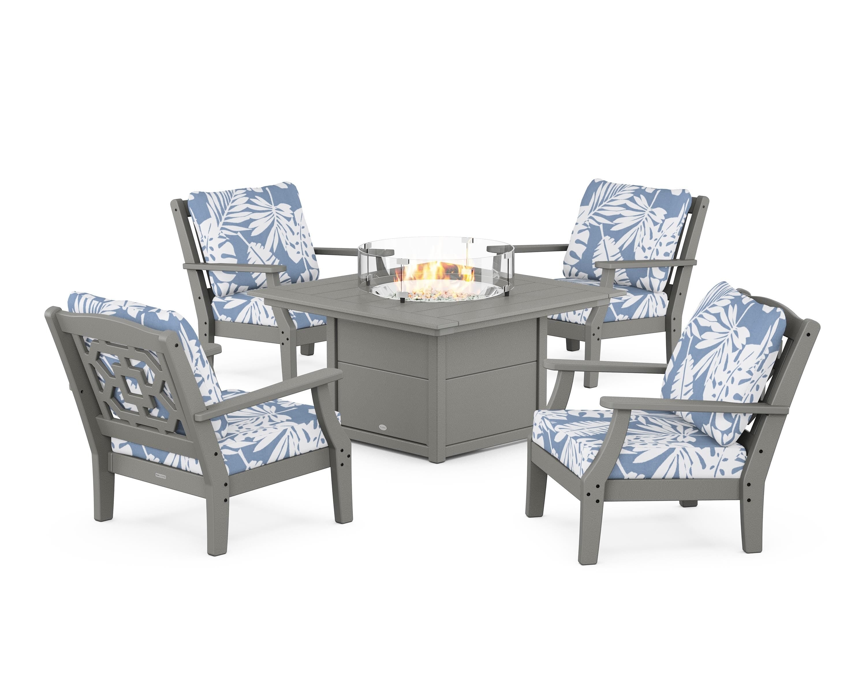 Martha Stewart by POLYWOOD Chinoiserie 5-Piece Deep Seating Set with Fire Pit Table in Slate Grey / Leaf Sky Blue