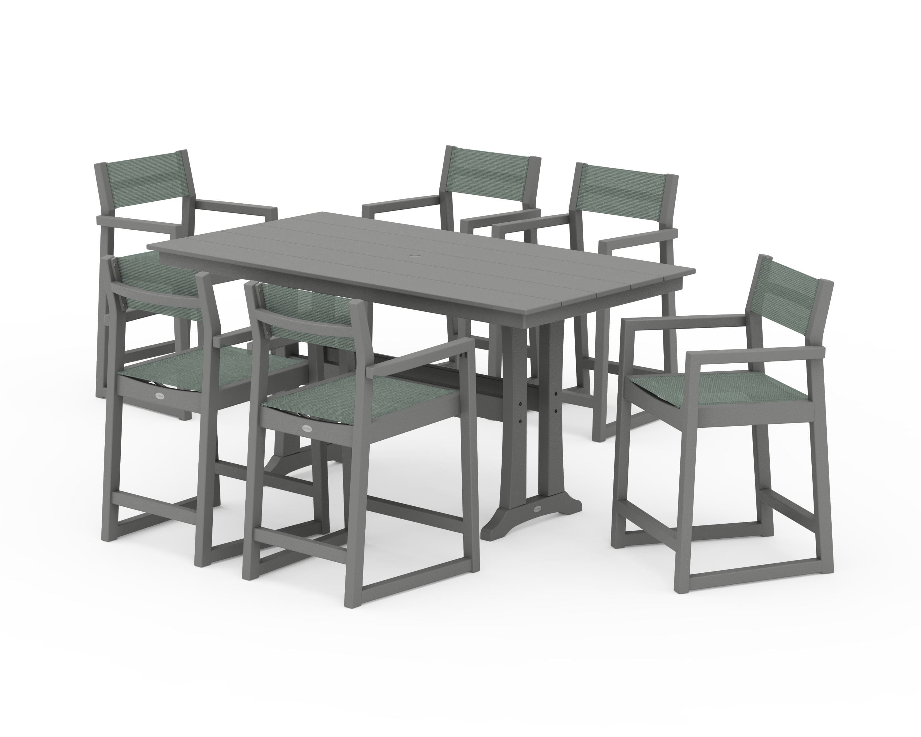 POLYWOOD EDGE Sling Arm Chair 7-Piece Farmhouse Counter Set with Trestle Legs in Slate Grey / Dupioni Sea Mist Sling