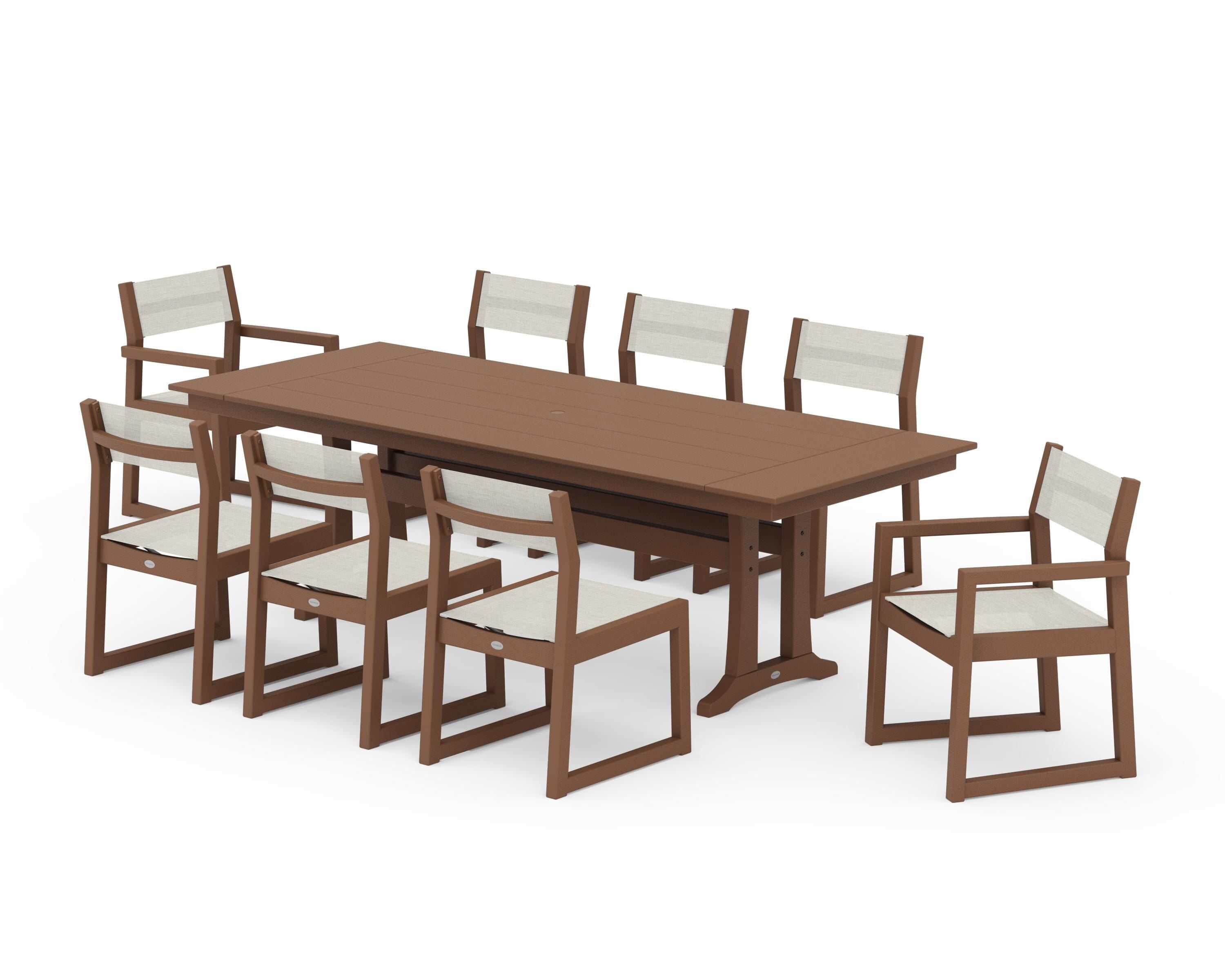 POLYWOOD EDGE Sling 9-Piece Farmhouse Trestle Dining Set in Teak / Parchment Sling