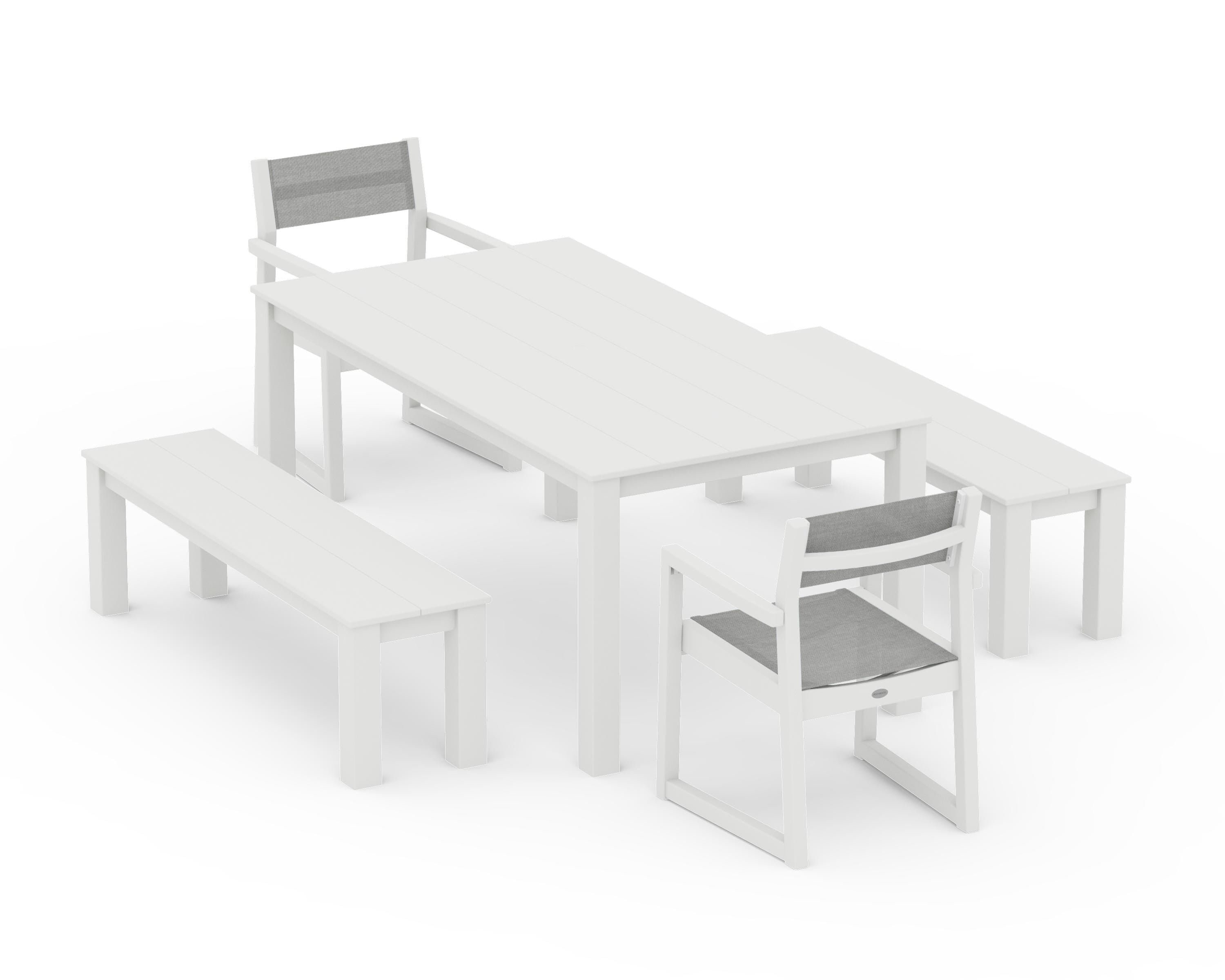 POLYWOOD EDGE Sling Arm Chair 5-Piece Parsons Dining Set with Benches in Vintage White / Metallic Sling