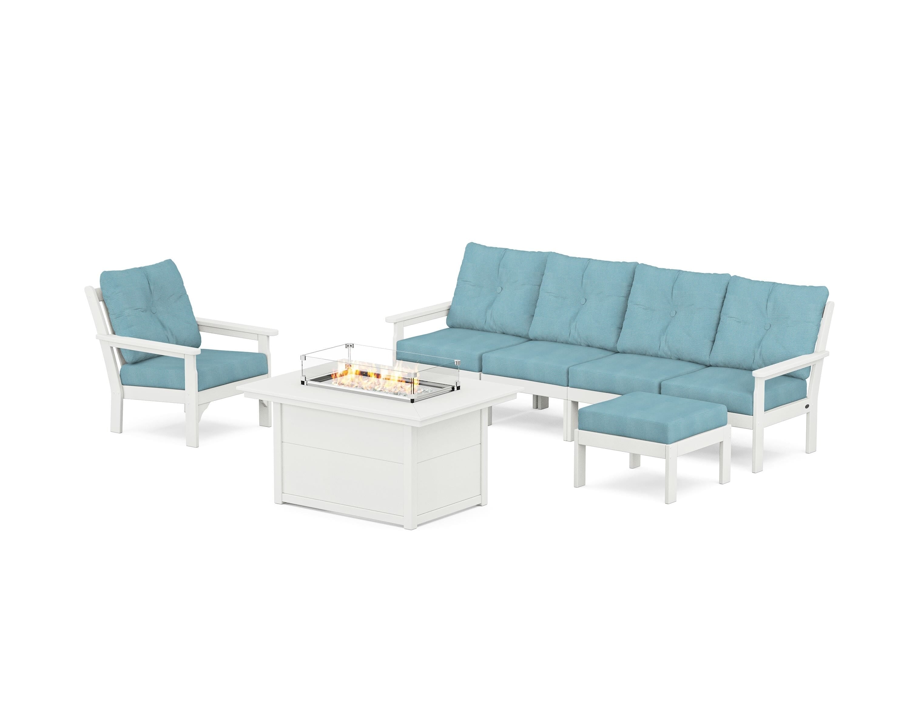 POLYWOOD Vineyard Sectional Lounge and Fire Pit Set in Vintage White / Lattice Sky Blue