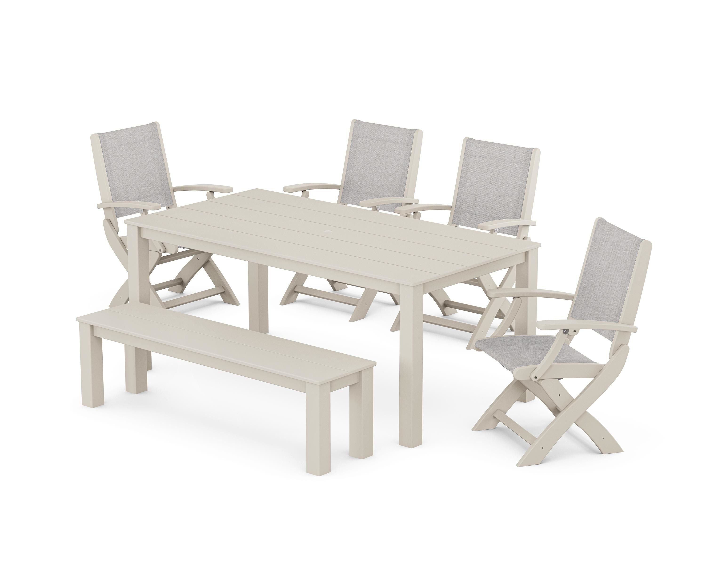 POLYWOOD Coastal Folding Chair 6-Piece Parsons Dining Set with Bench in Sand / Parchment Sling