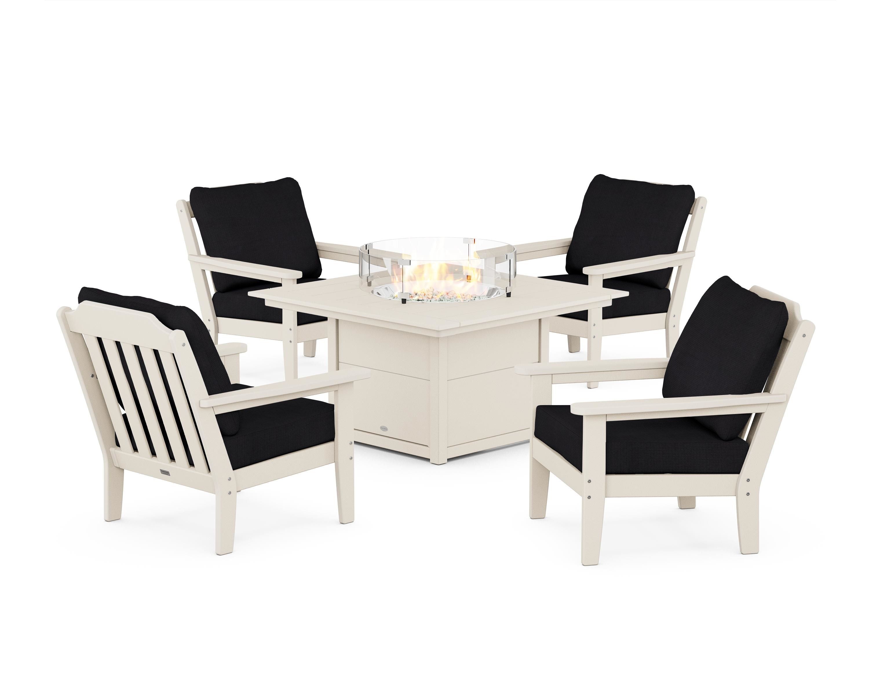 Country Living Cottage 5-Piece Deep Seating Set with Fire Pit Table in Sand / Midnight Linen