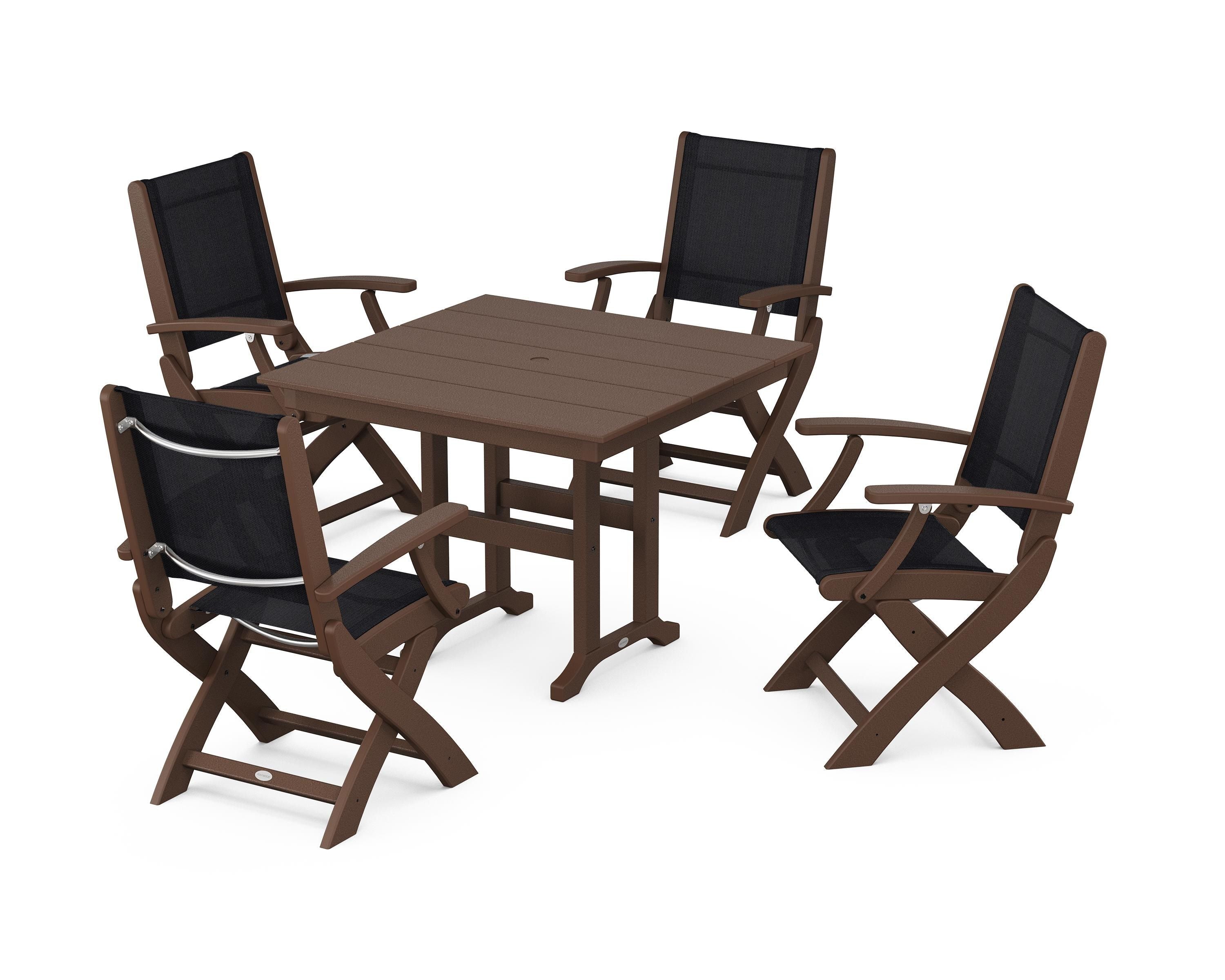 POLYWOOD Coastal Folding Chair 5-Piece Farmhouse Dining Set in Mahogany / Black Sling