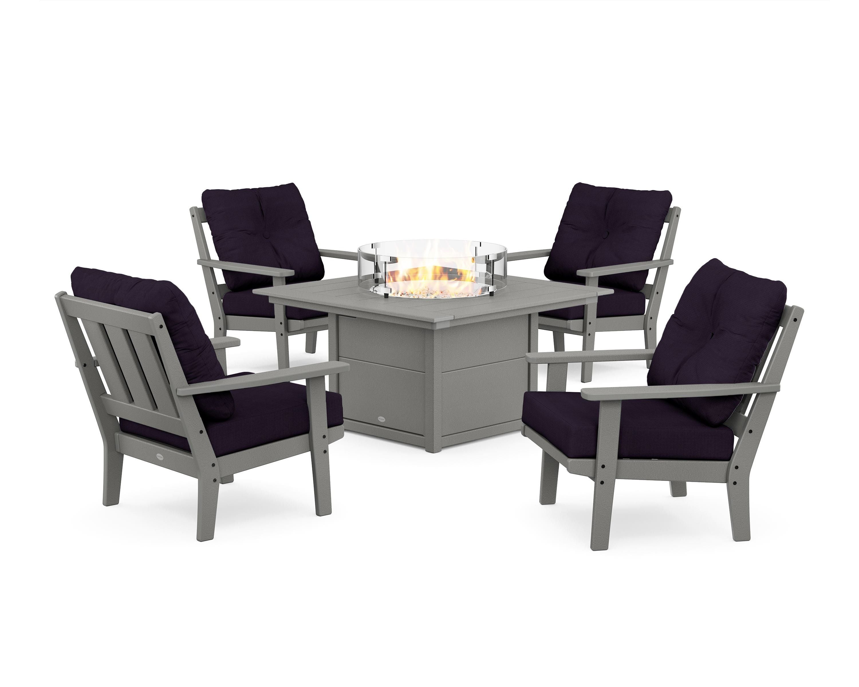 POLYWOOD Oxford 5-Piece Deep Seating Set with Fire Pit Table in Slate Grey / Navy Linen