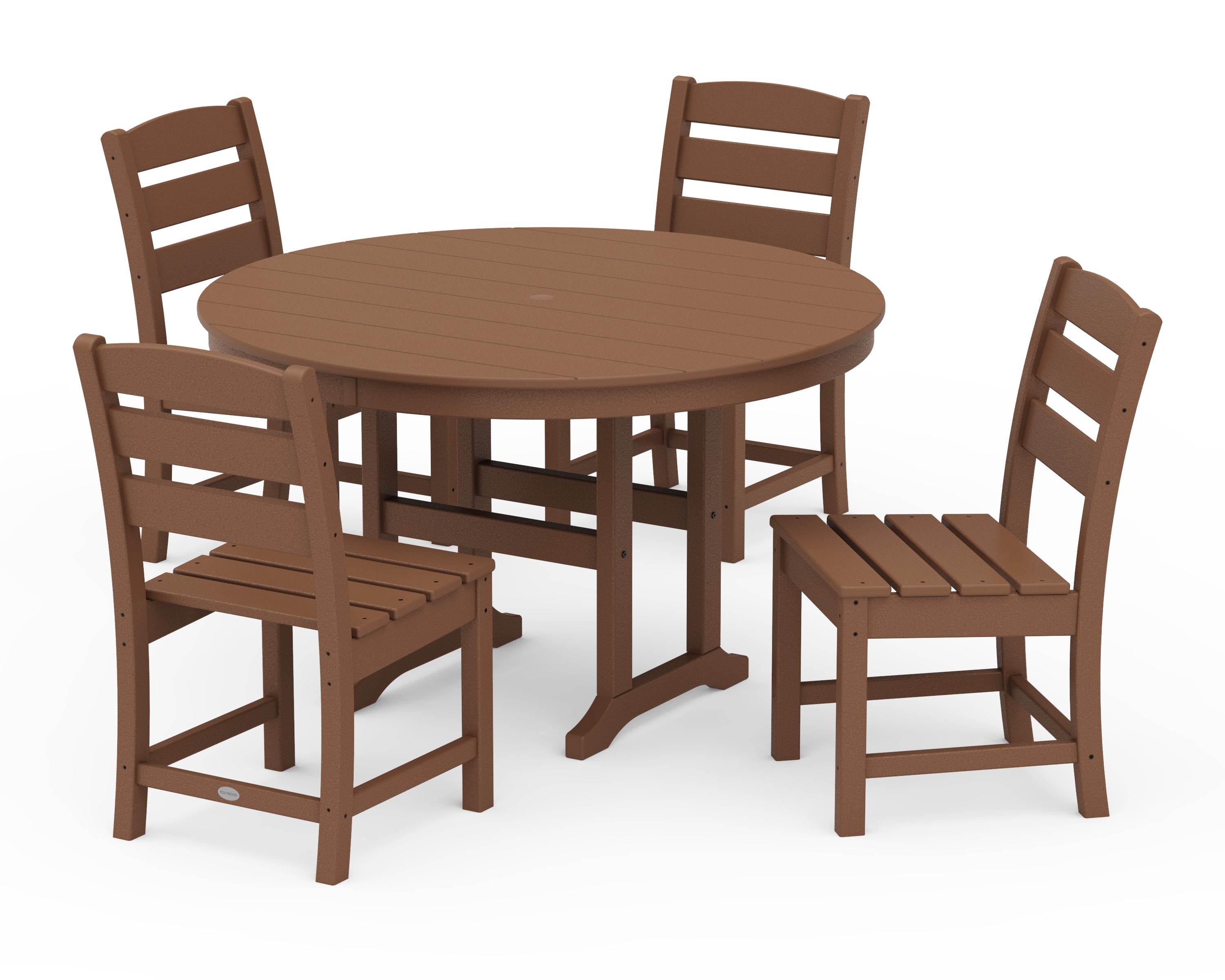 POLYWOOD Lakeside 5-Piece Round Farmhouse Side Chair Dining Set in Teak