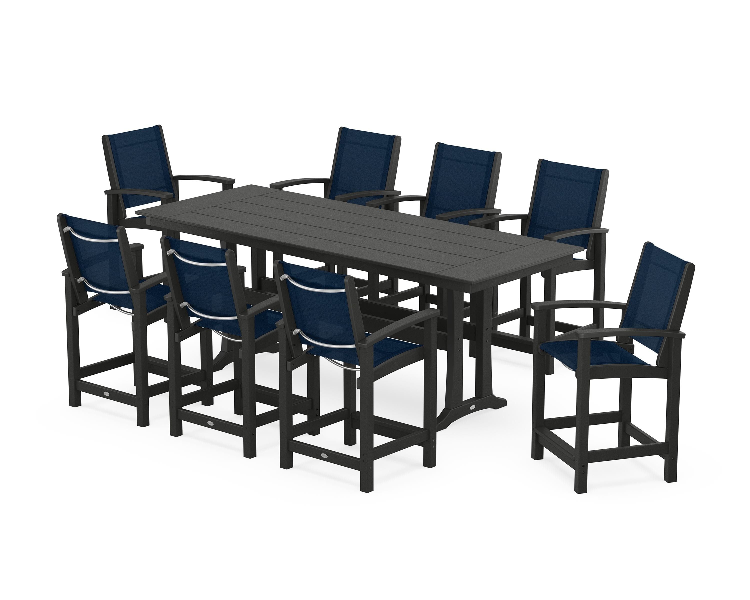 POLYWOOD Coastal 9-Piece Farmhouse Counter Set with Trestle Legs in Black / Navy Blue Sling