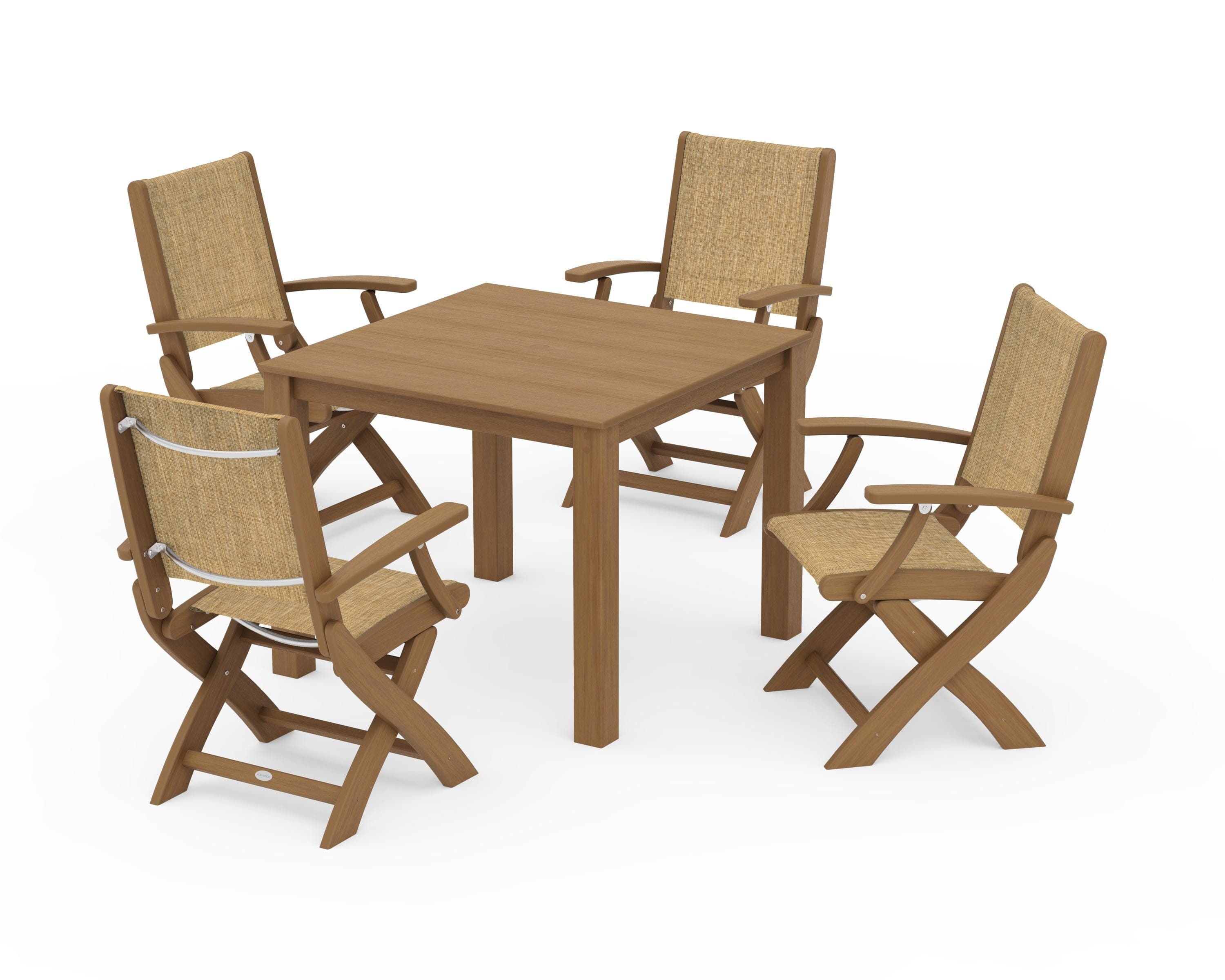 POLYWOOD Coastal Folding Chair 5-Piece Parsons Dining Set in Natural / Burlap Sling