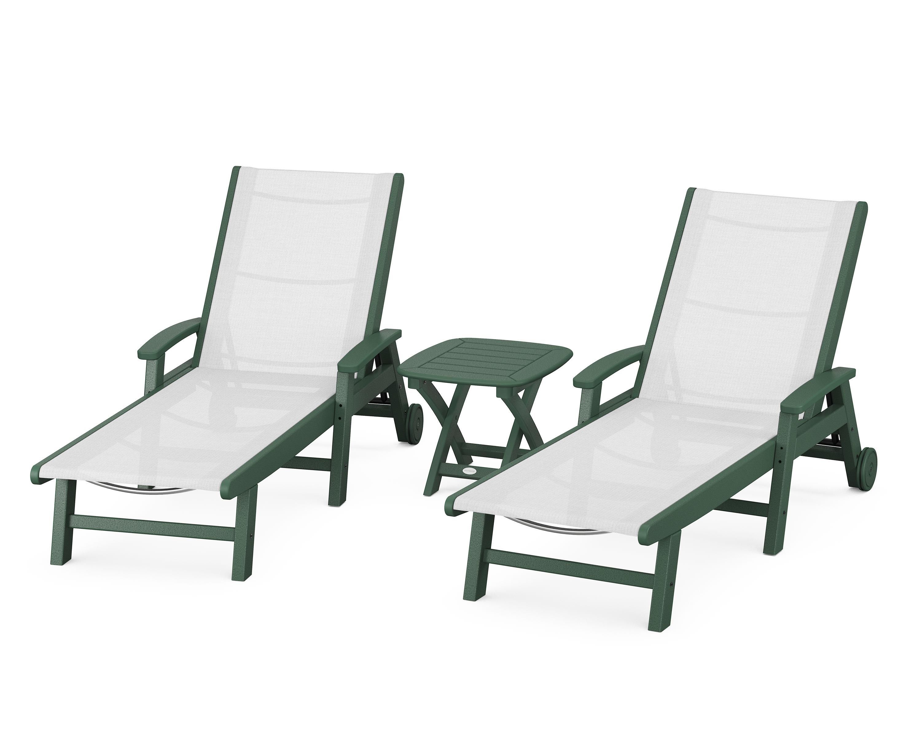 POLYWOOD Coastal 3-Piece Wheeled Chaise Set in Green / White Sling
