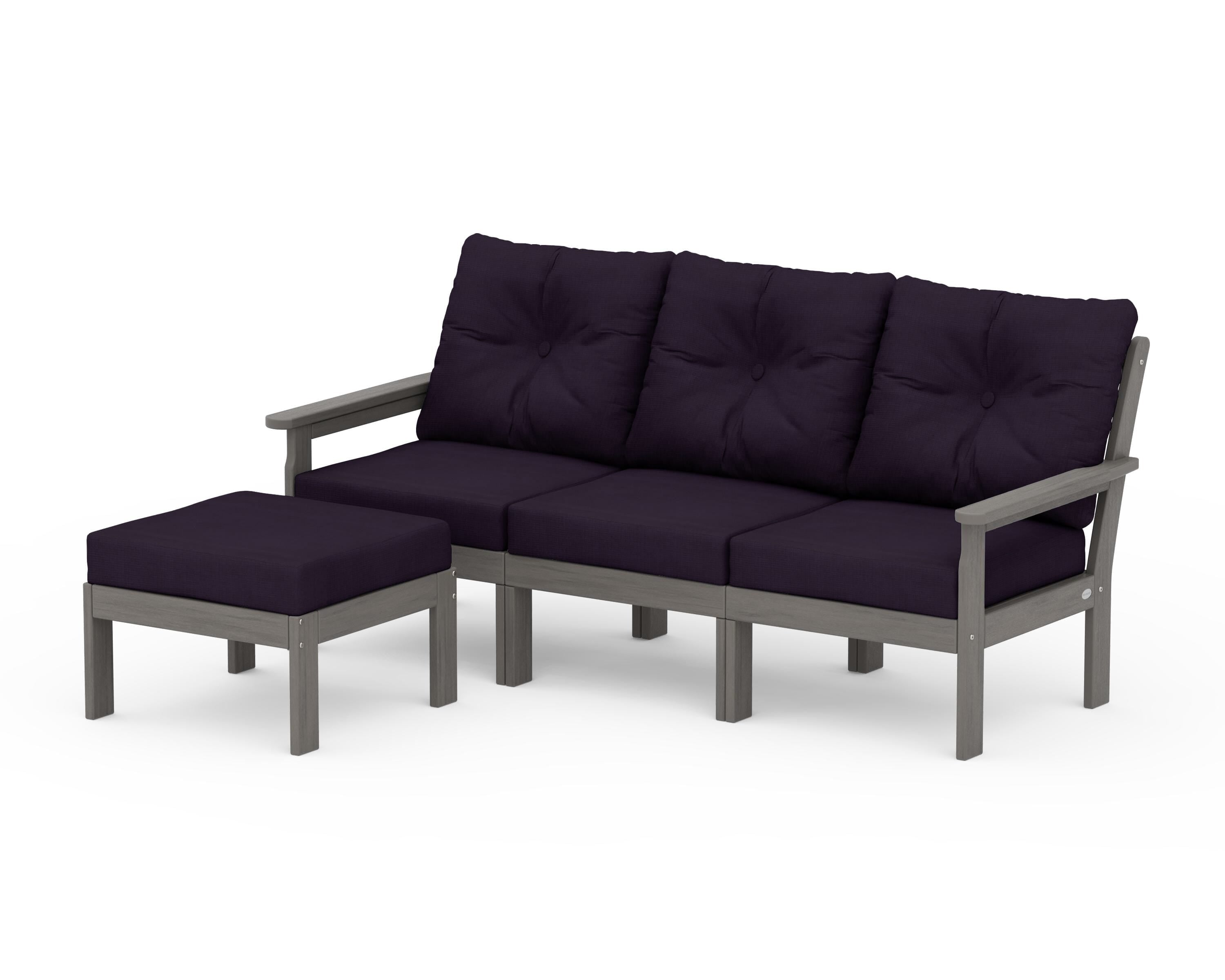POLYWOOD Vineyard 4-Piece Sectional with Ottoman in Driftwood / Navy Linen