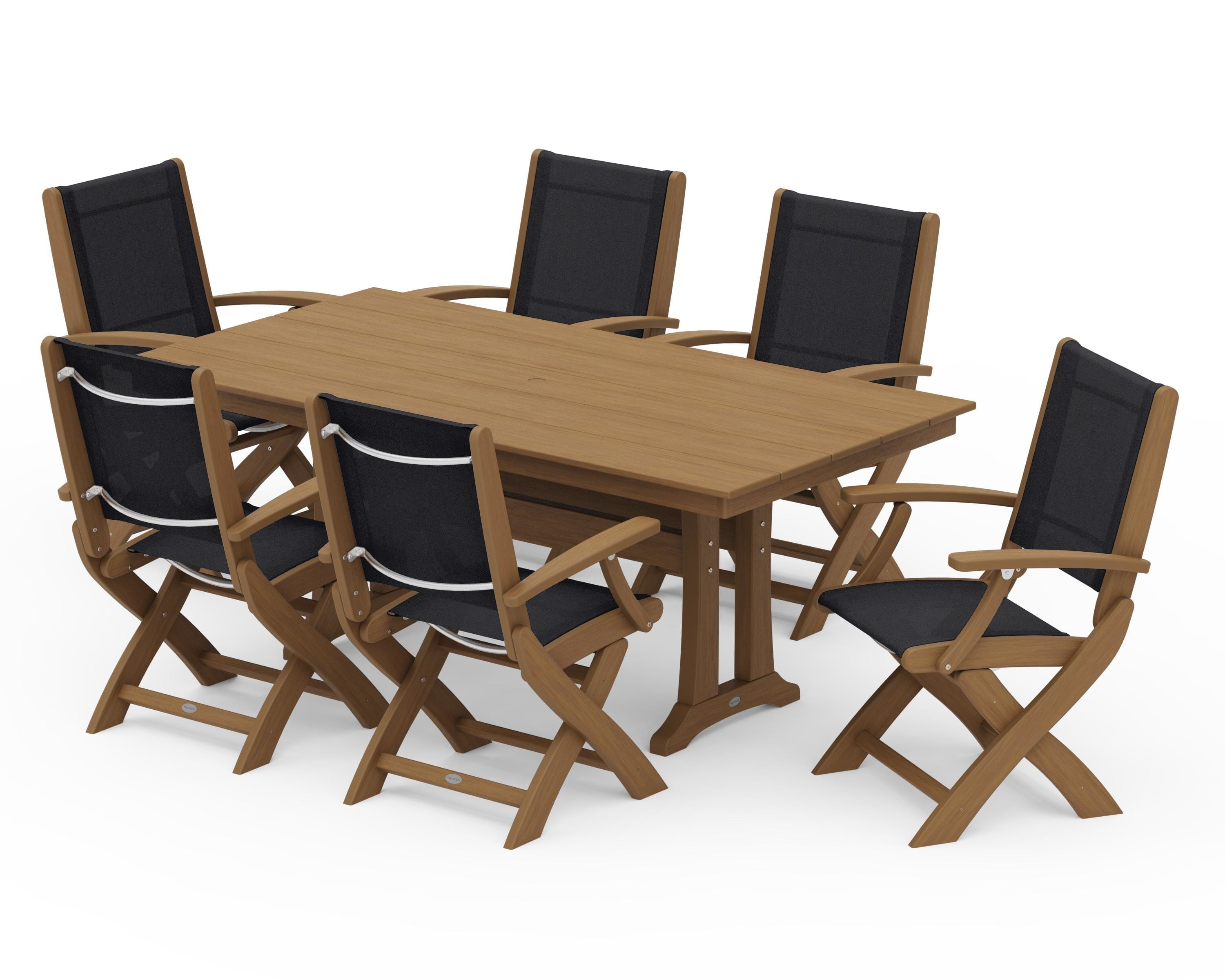 POLYWOOD Coastal Folding Arm Chair 7-Piece Farmhouse Dining Set with Trestle Legs in Natural / Black Sling
