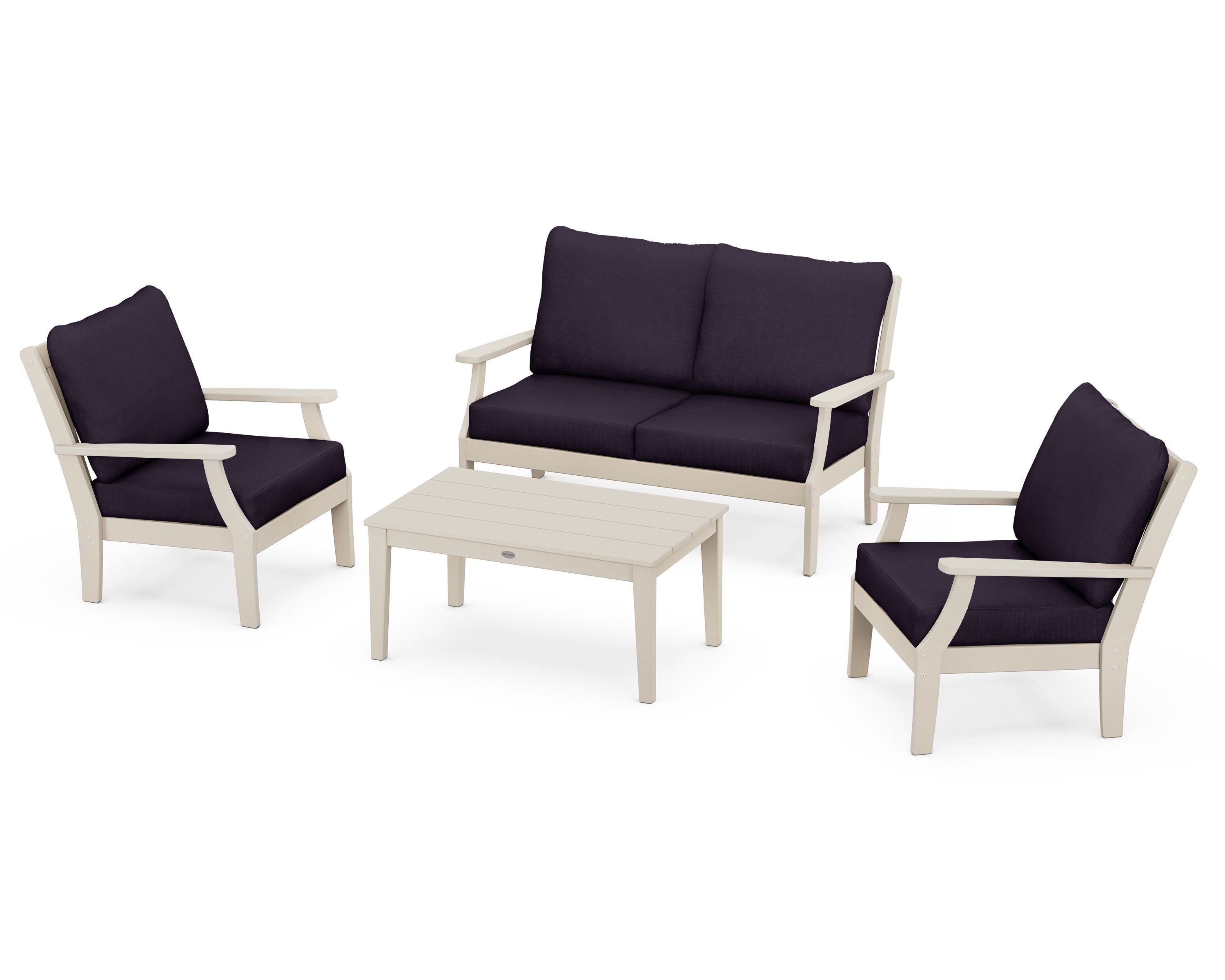 POLYWOOD Braxton 4-Piece Deep Seating Chair Set in Sand / Navy Linen