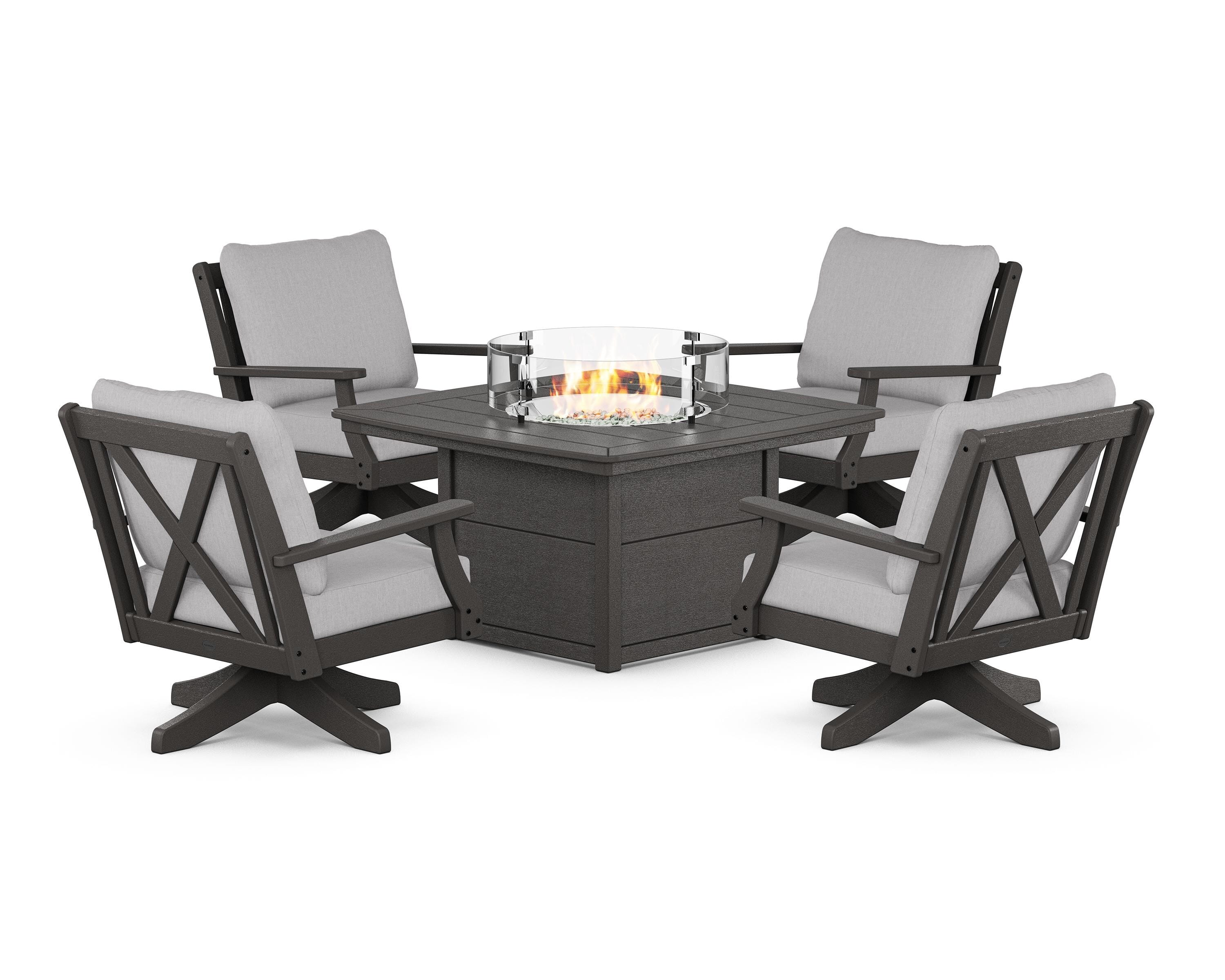 POLYWOOD Braxton 5-Piece Deep Seating Swivel Conversation Set with Fire Pit Table in Vintage Coffee / Granite