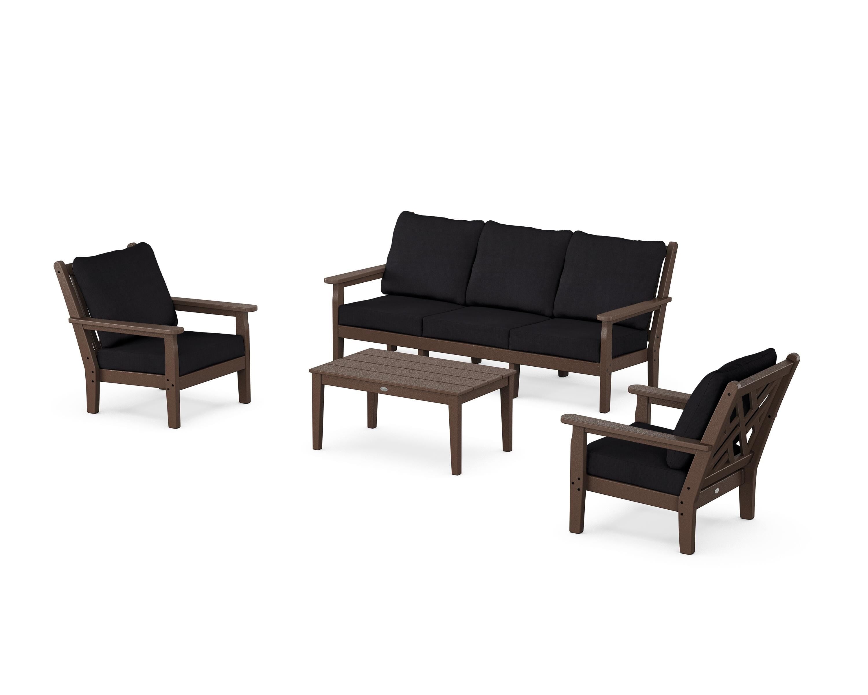 POLYWOOD Chippendale 4-Piece Deep Seating Set with Sofa in Mahogany / Midnight Linen