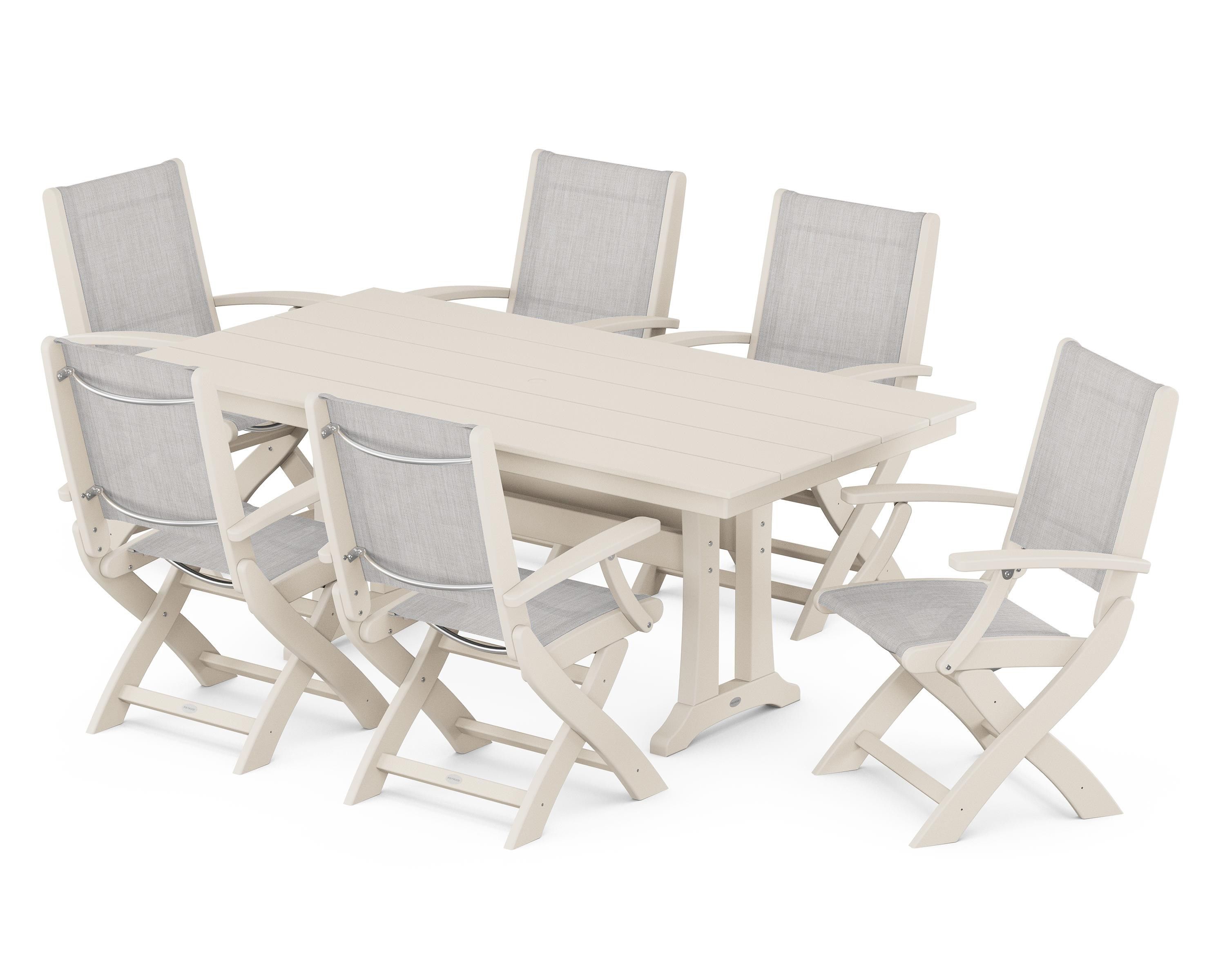 POLYWOOD Coastal Folding Arm Chair 7-Piece Farmhouse Dining Set with Trestle Legs in Sand / Parchment Sling
