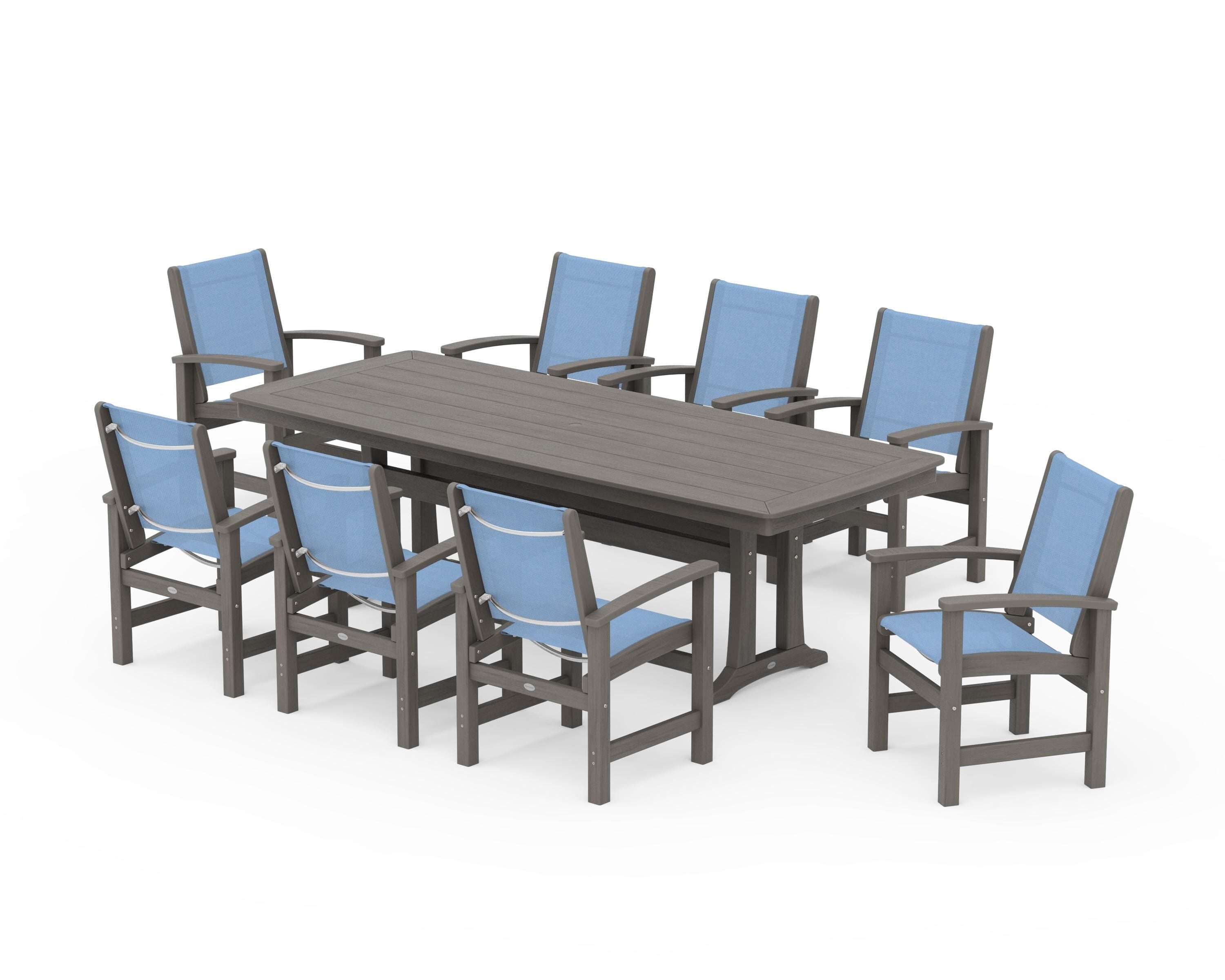 POLYWOOD Coastal 9-Piece Dining Set with Trestle Legs in Driftwood / Poolside Sling