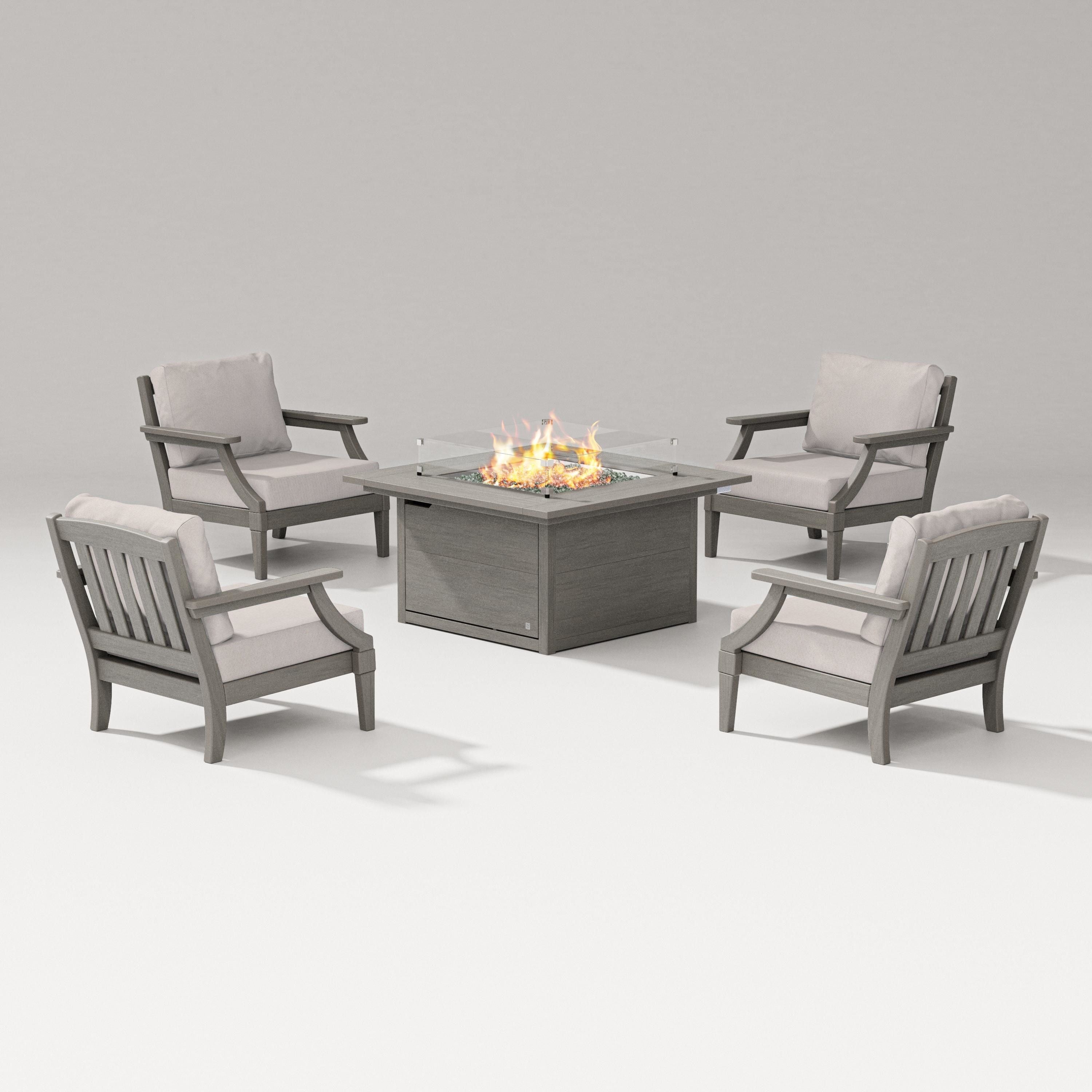 PW Designer Series Estate 5-Piece Lounge Fire Table Set in Driftwood / Dune Burlap