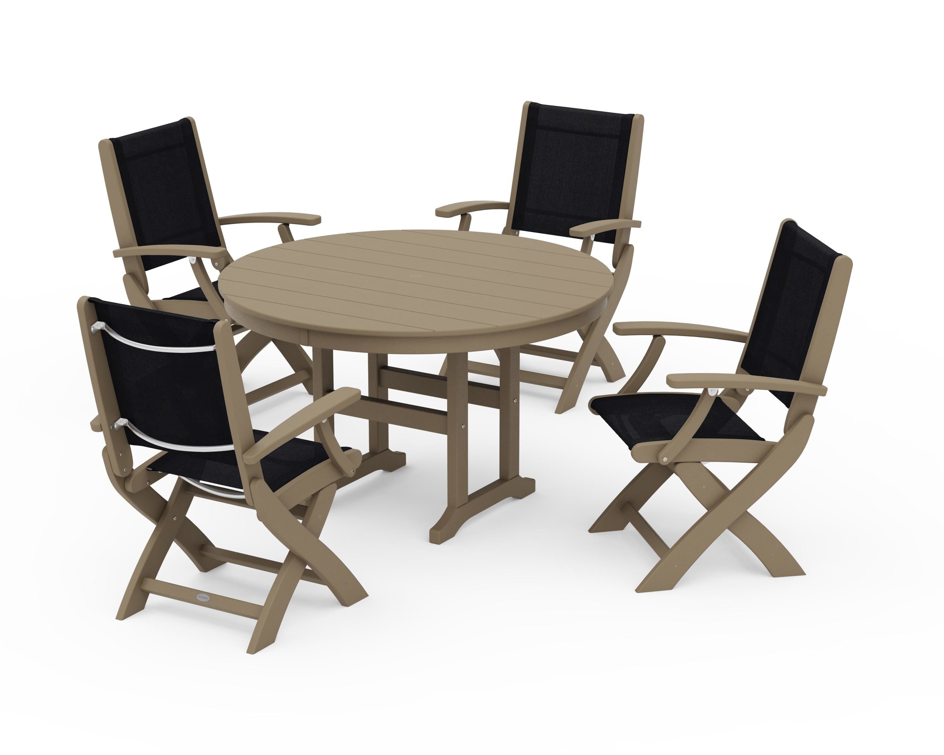 POLYWOOD Coastal Folding Chair 5-Piece Round Dining Set in Vintage Sahara / Black Sling