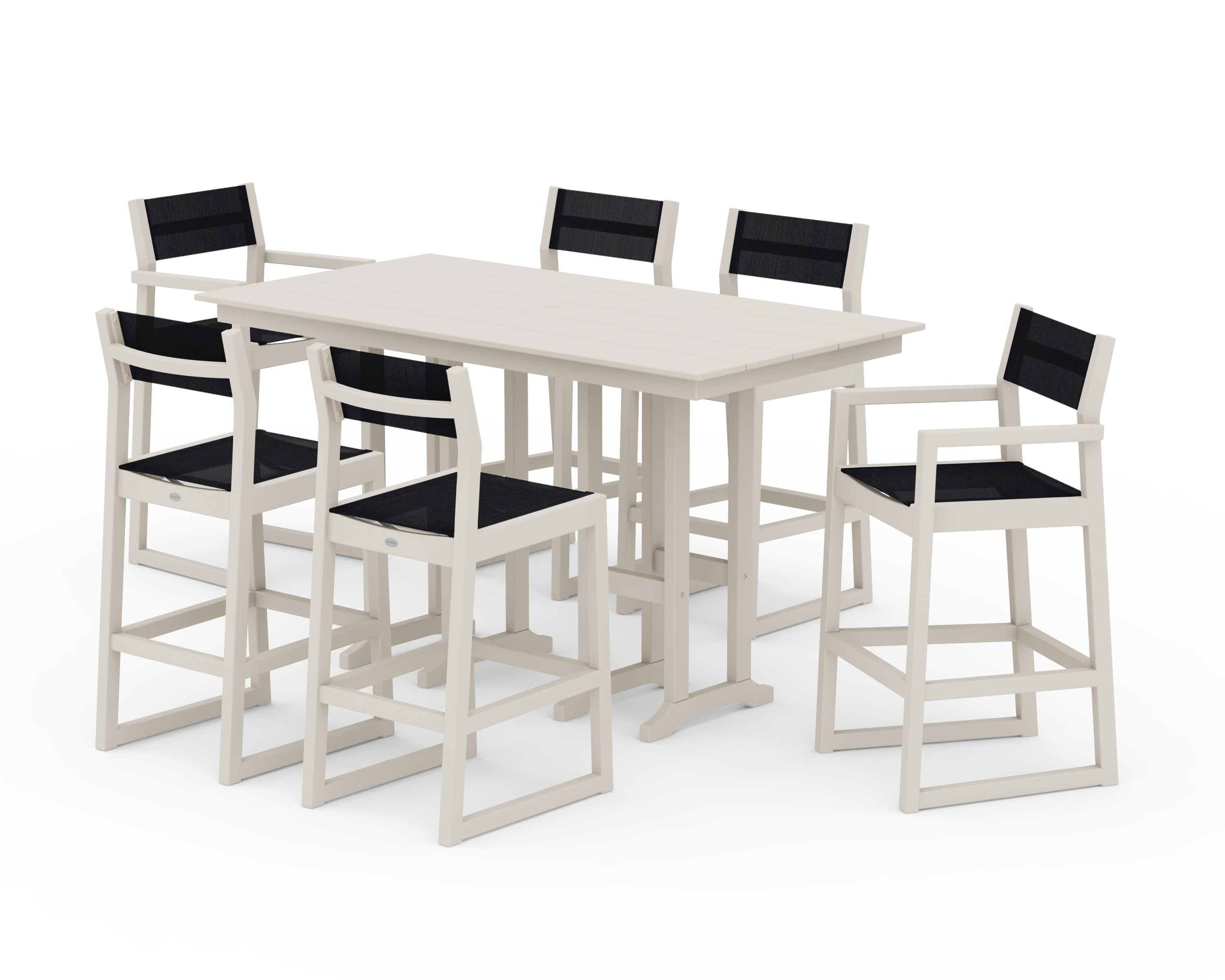 POLYWOOD EDGE Sling 7-Piece Farmhouse Bar Set in Sand / Black Sling
