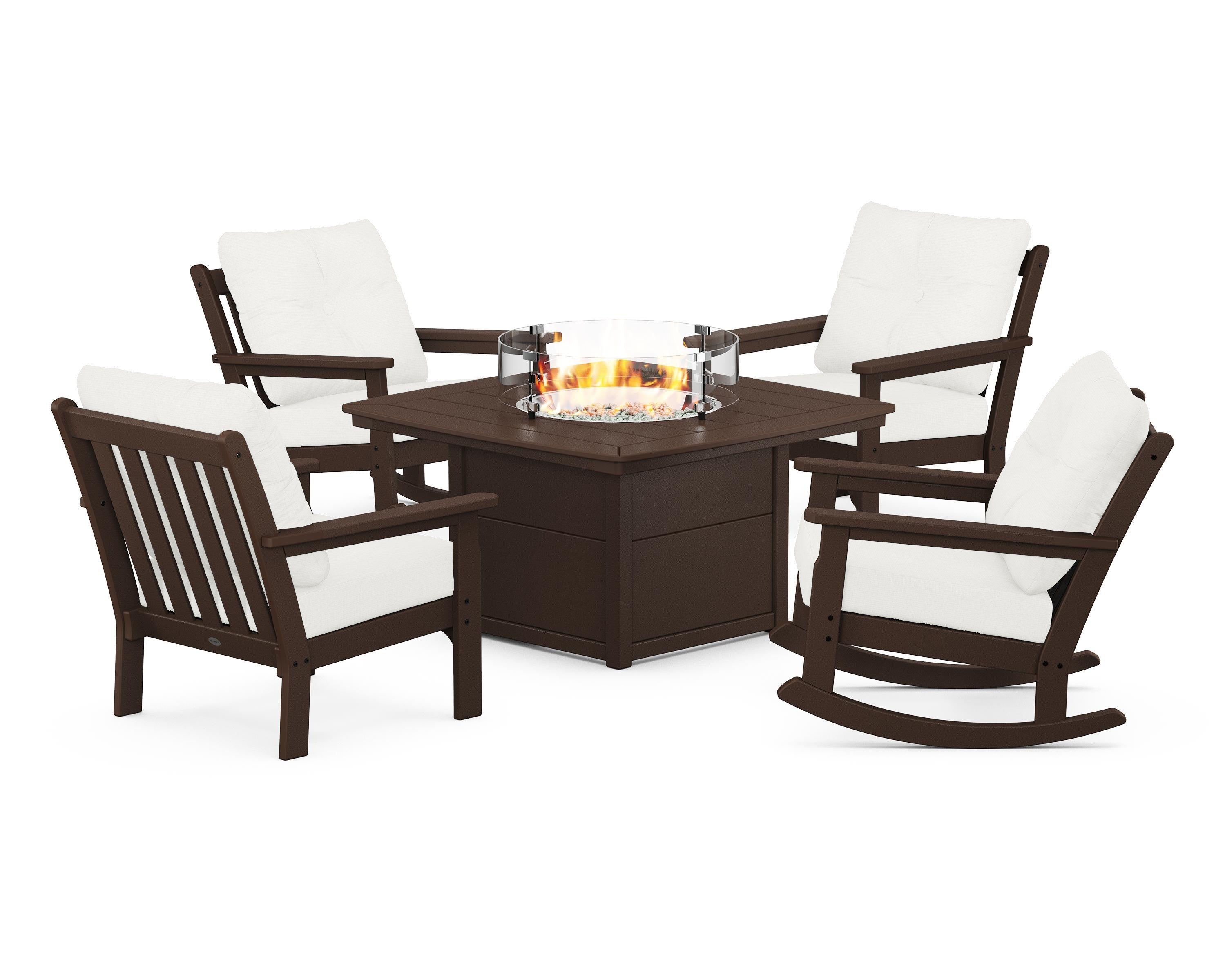 POLYWOOD Vineyard 5-Piece Deep Seating Rocking Chair Conversation Set with Fire Pit Table in Mahogany / Natural Linen