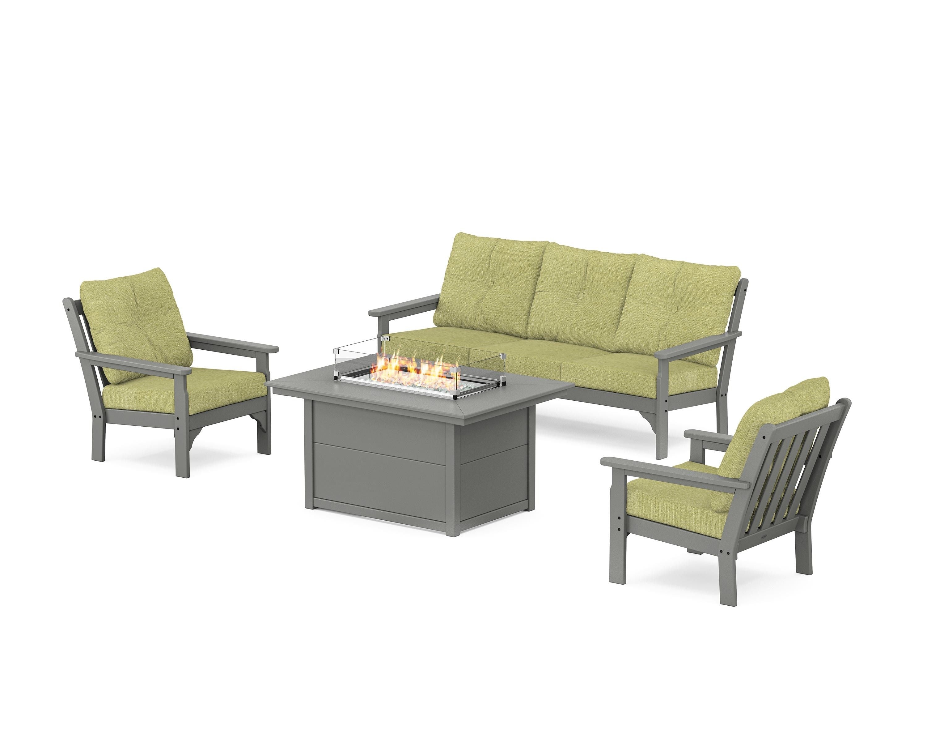 POLYWOOD Vineyard Deep Seating Fire Pit Table Set in Slate Grey / Chartreuse Boucle