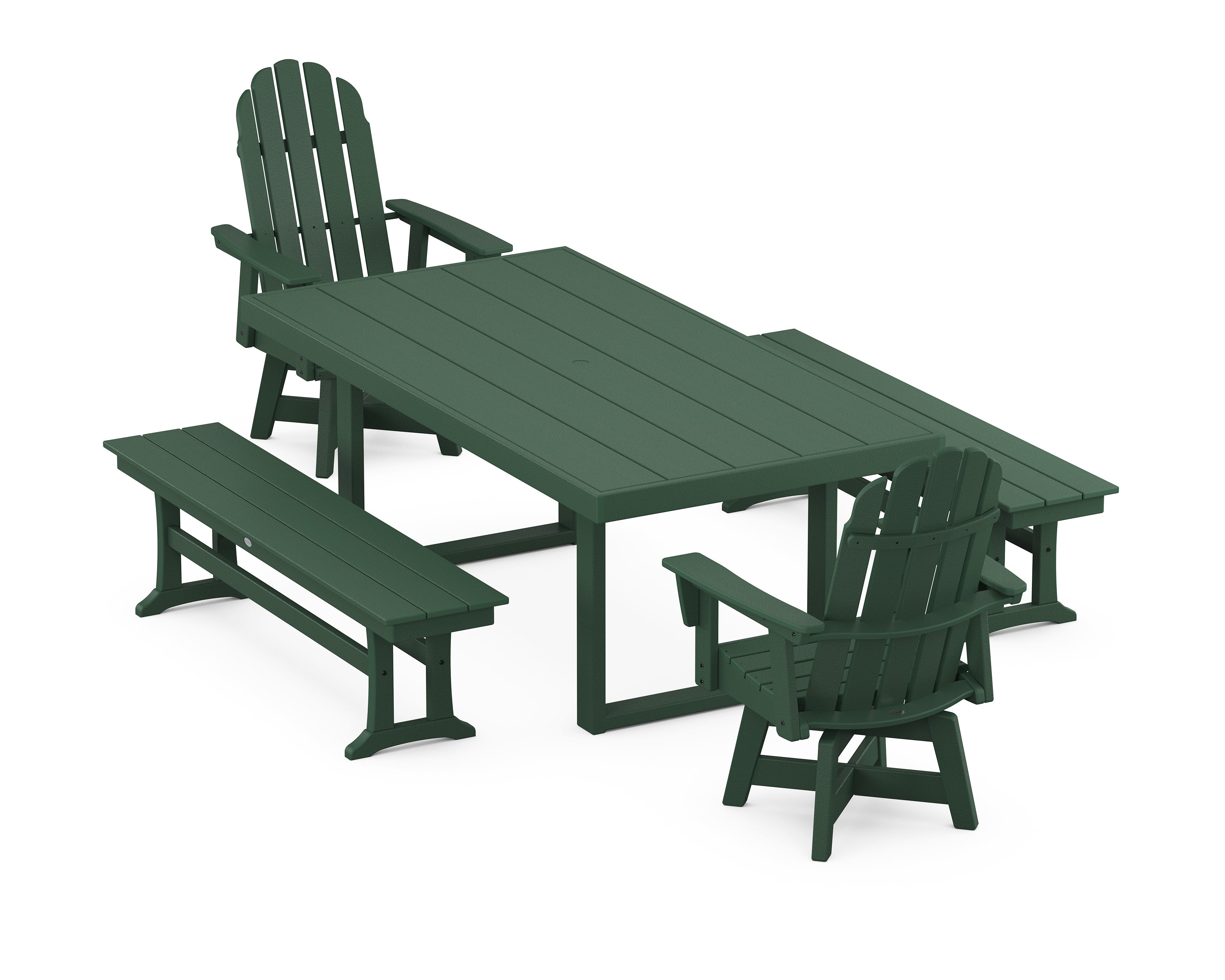 POLYWOOD® Vineyard Curveback Adirondack Swivel Chair 5-Piece Dining Set with Benches in Green