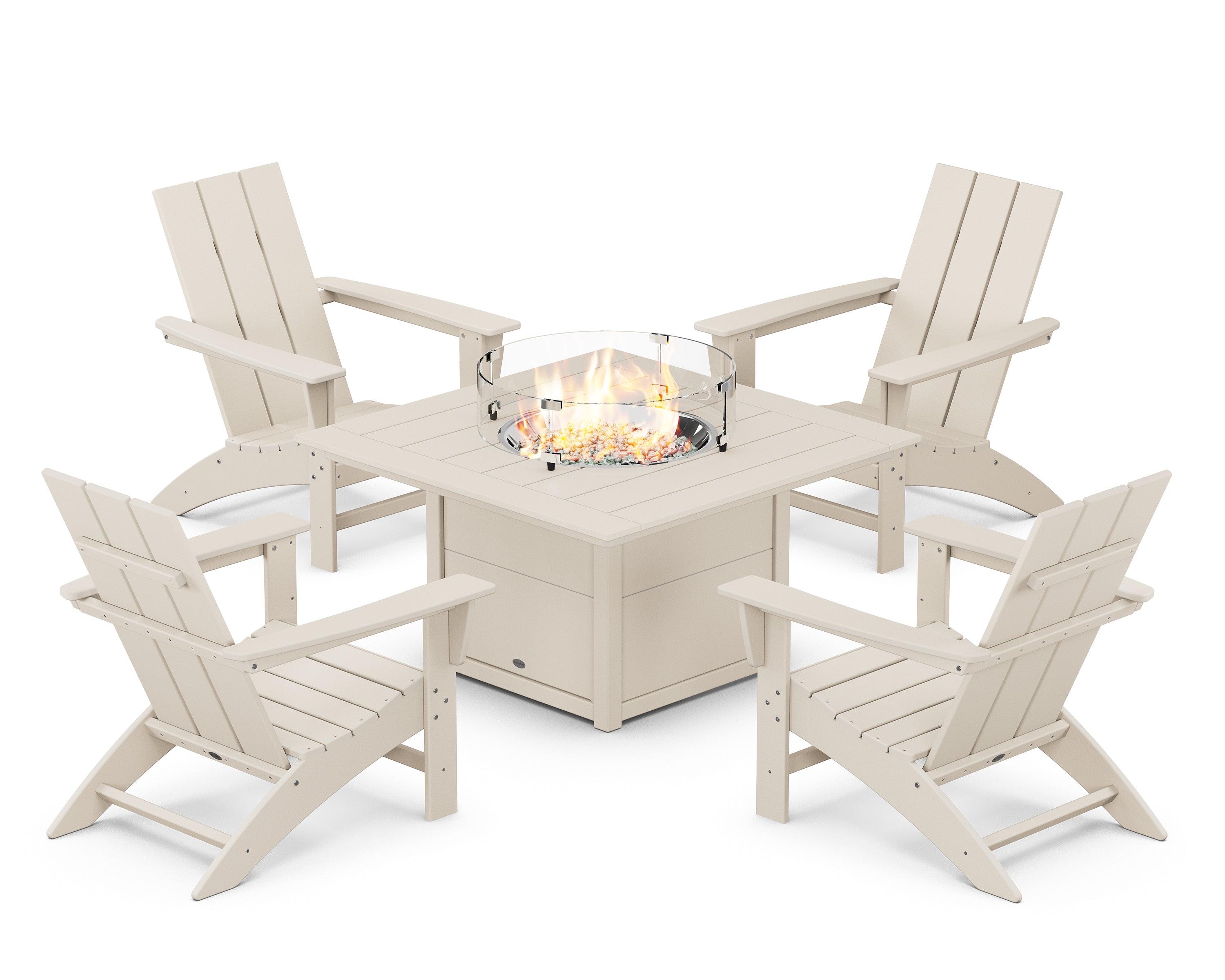 POLYWOOD® Modern 5-Piece Adirondack Chair Conversation Set with Fire Pit Table in Sand