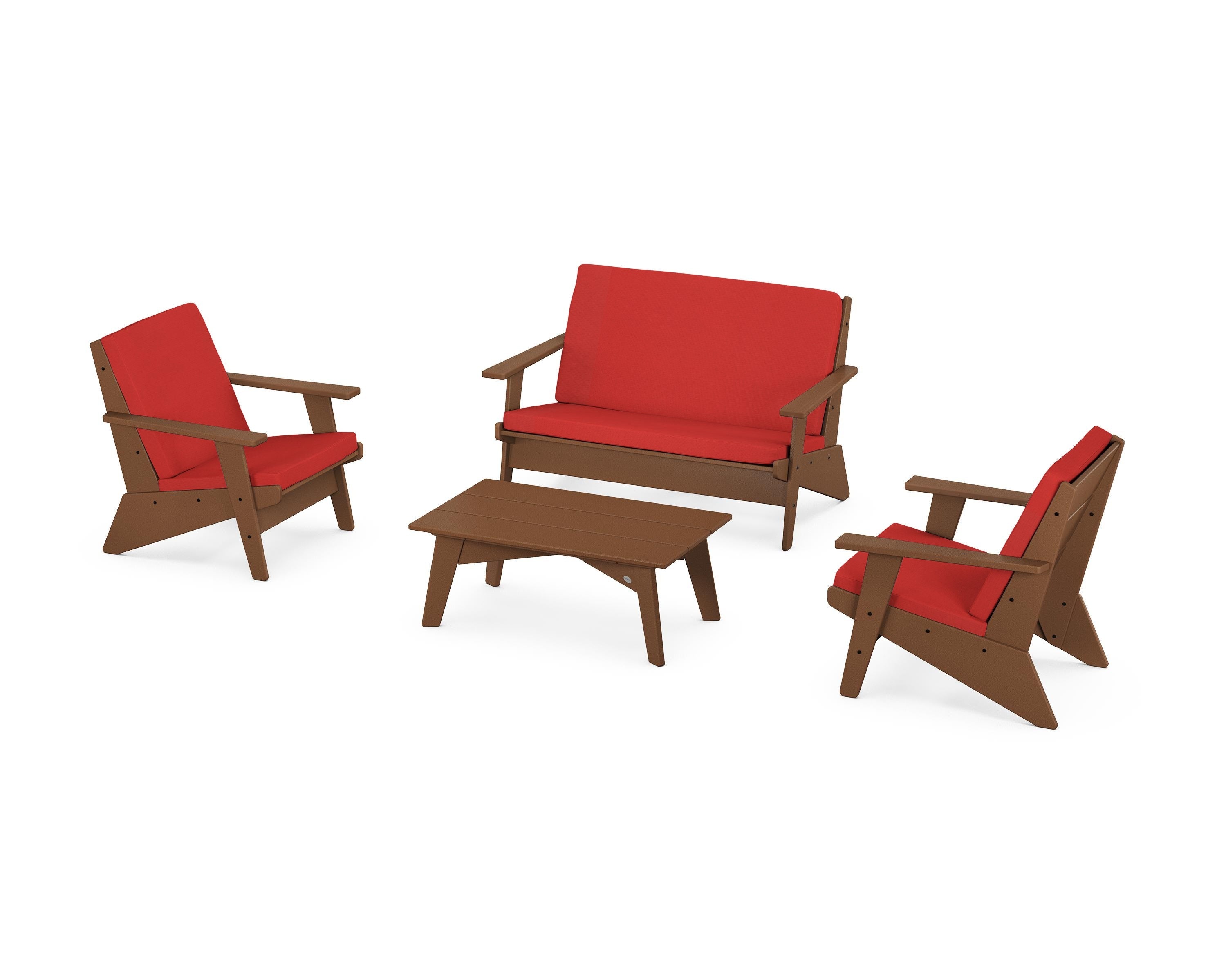 POLYWOOD Riviera Modern Lounge 4-Piece Set in Teak / Crimson Linen